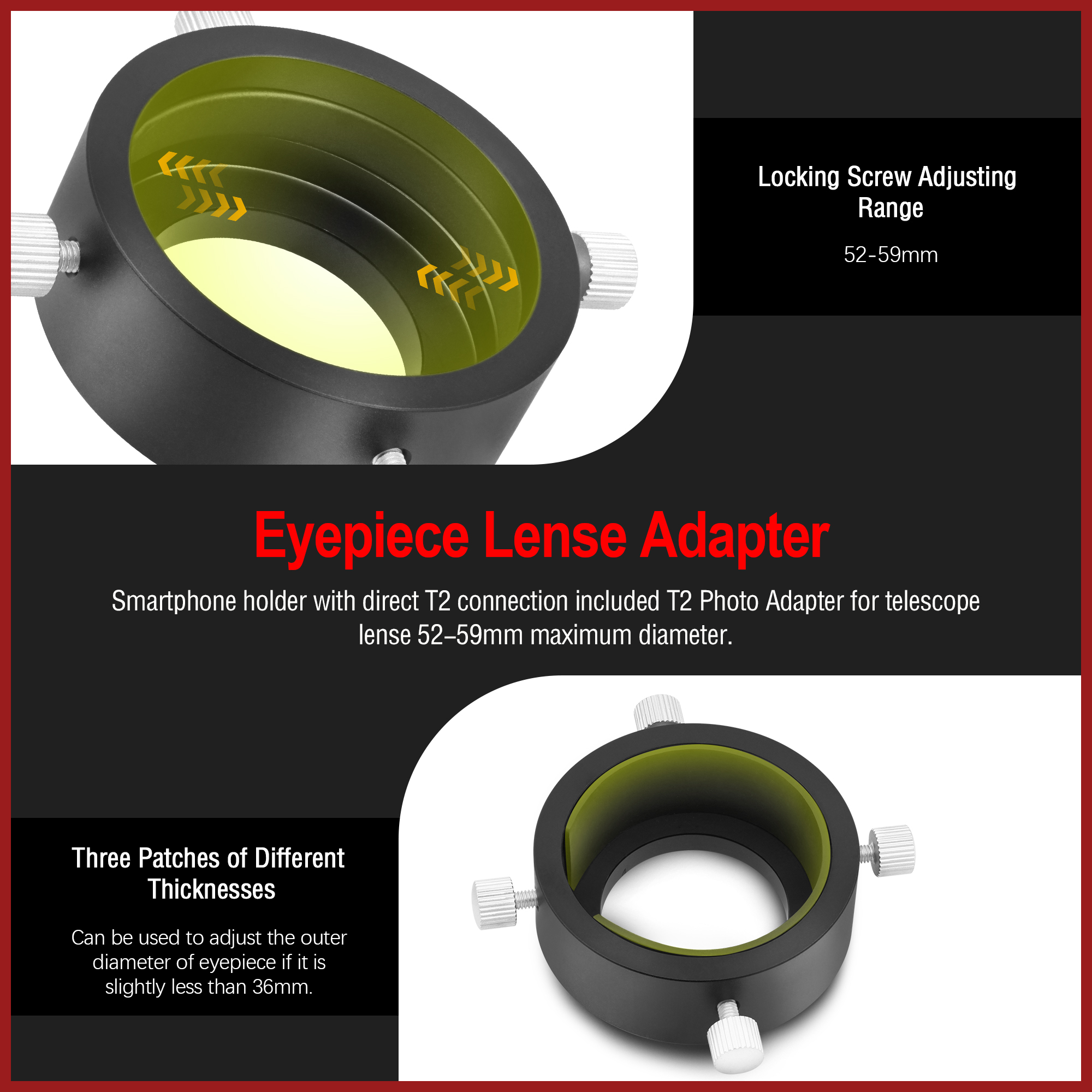 Astromania Universal T2 Camera Photo Adapter for Telescope and Spotting Scope - eyepieces Adaptor 52-59mm - Attach Your Camera or Smartphone to Suitab