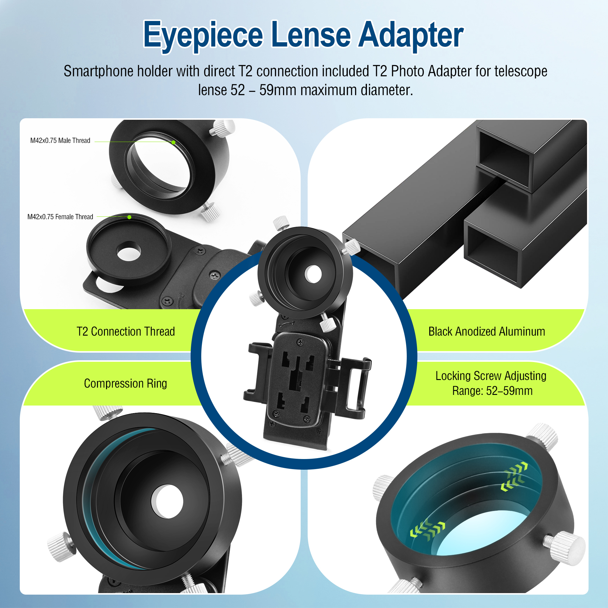 Astromania Smartphone iPhone Adapter with T2 Thread and Eyepiece Adapter 52 - 59mm - for photography with telescopes and spotting scope or binoculars