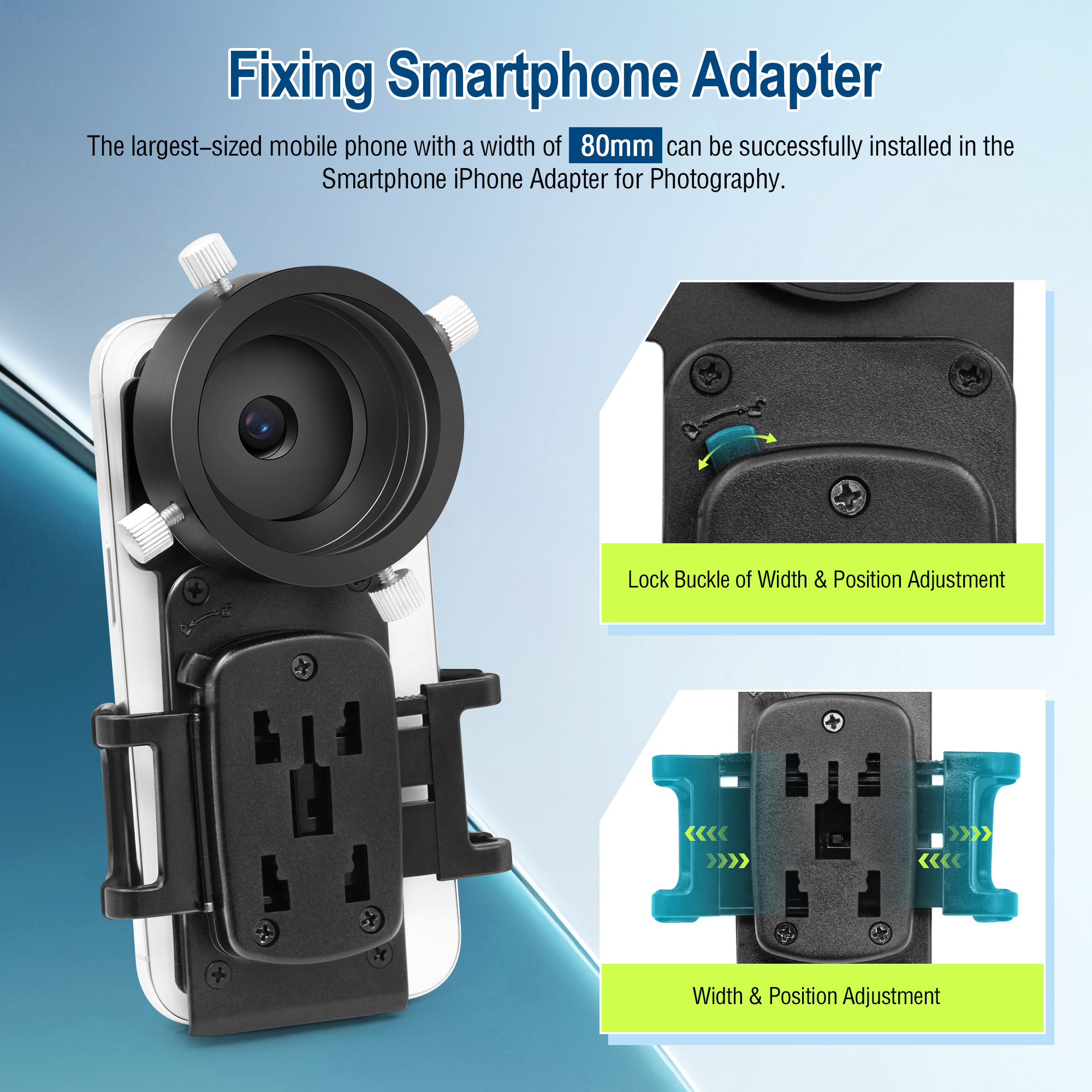 Astromania Smartphone iPhone Adapter with T2 Thread and Eyepiece Adapter 52 - 59mm - for photography with telescopes and spotting scope or binoculars