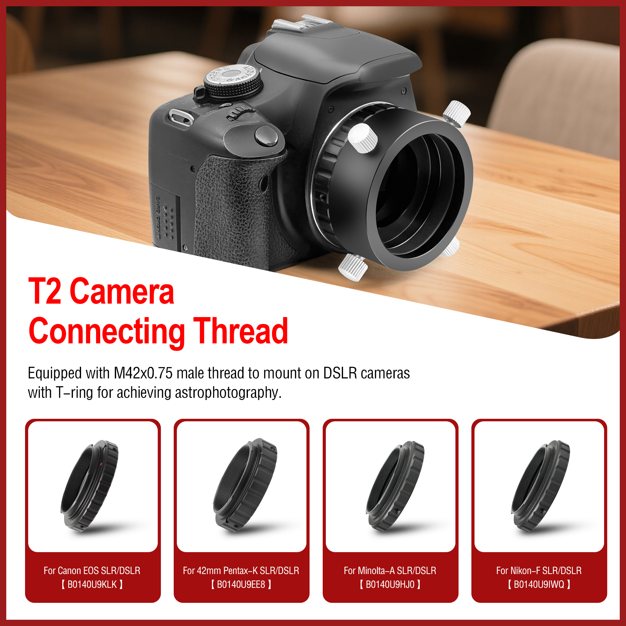 Astromania Universal T2 Camera Photo Adapter for Telescope and Spotting Scope - eyepieces Adaptor 52-59mm - Attach Your Camera or Smartphone to Suitab