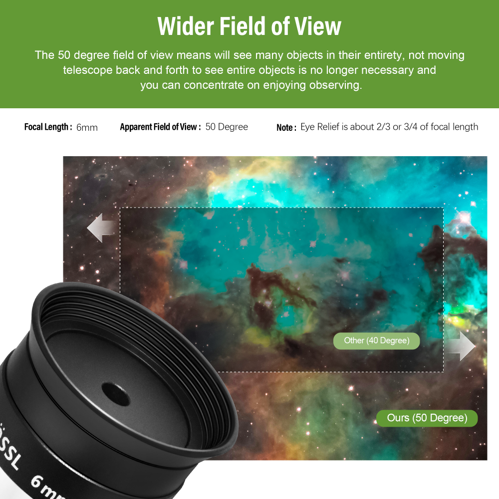 Astromania Telescope Eyepiece 6mm Plossl, 1.25 Inch Telescope Accessory Eyepiece Fully Multi Coated 4-Element Plossl Design, Metal 50 Degree Apparent Field of View for Astronomy Telescopes & Filters
