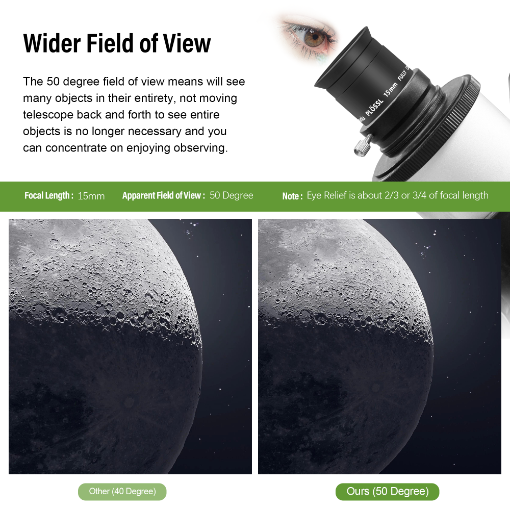 Astromania Telescope Plossl Eyepiece 15mm, 50 Degree Apparent Field of View Plossl Lens with Fully Multi Coated 4-Element,  Metal Telescope Accessory for Standard 1.25 Inch Astronomy Filter Thread