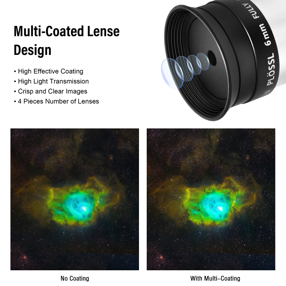 Astromania Telescope Eyepiece 6mm Plossl, 1.25 Inch Telescope Accessory Eyepiece Fully Multi Coated 4-Element Plossl Design, Metal 50 Degree Apparent Field of View for Astronomy Telescopes & Filters