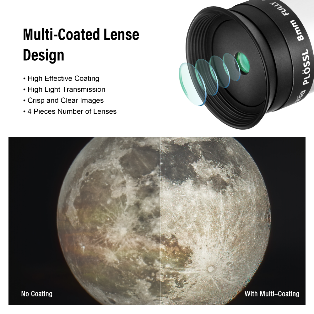 Astromania Telescope Plossl Eyepiece 8mm, 50 Degree Apparent Field of View Plossl Lens with Fully Multi Coated 4-Element,  Metal Telescope Accessory for Standard 1.25 Inch Astronomy Filter Thread