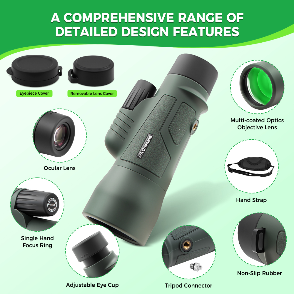 Astromania 12X50 BAK4 High Power Prism Monoculars, Waterproof, Compact Handheld Monoscope for Bird Watching, Hunting, Traveling Gifts for Men