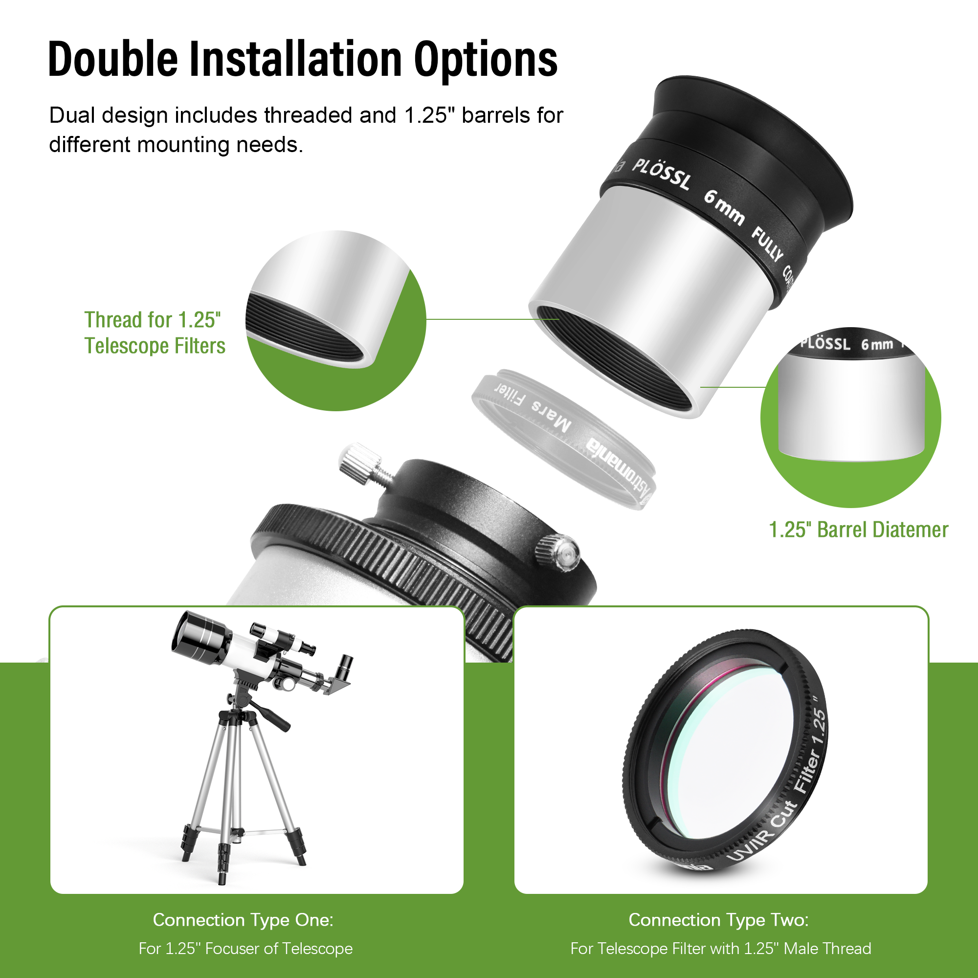 Astromania Telescope Eyepiece 6mm Plossl, 1.25 Inch Telescope Accessory Eyepiece Fully Multi Coated 4-Element Plossl Design, Metal 50 Degree Apparent Field of View for Astronomy Telescopes & Filters