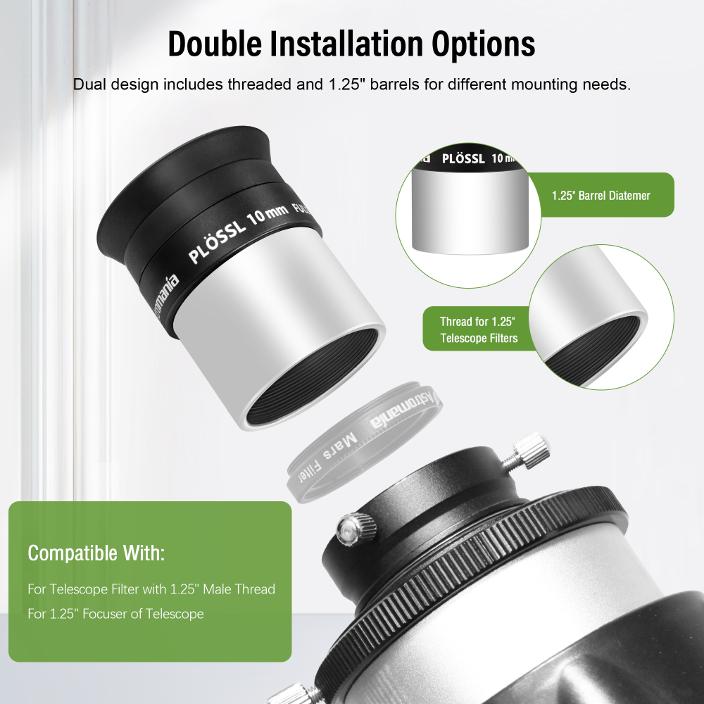 Astromania Eyepiece 10mm for Telescope - 1.25 Inch Plossl Telescope Eyepiece Fully Multi Coated 4-Element, Metal Telescope Accessory with Standard 1.25inch Filter Thread for Astronomic Telescopes