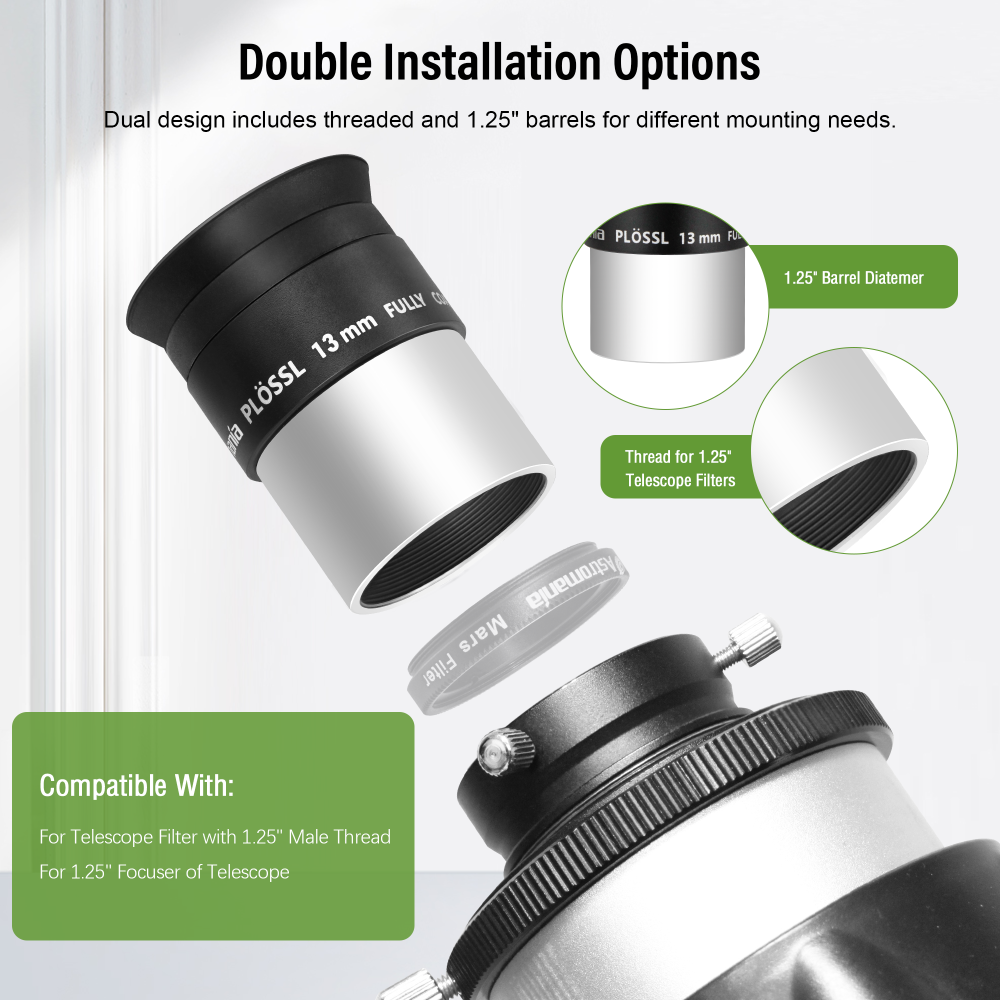 Astromania Telescope Eyepiece 13mm Plossl, 1.25 Inch Telescope Accessory Eyepiece Fully Multi Coated 4-Element Plossl Design, Metal 50 Degree Apparent Field of View for Astronomy Telescopes & Filters