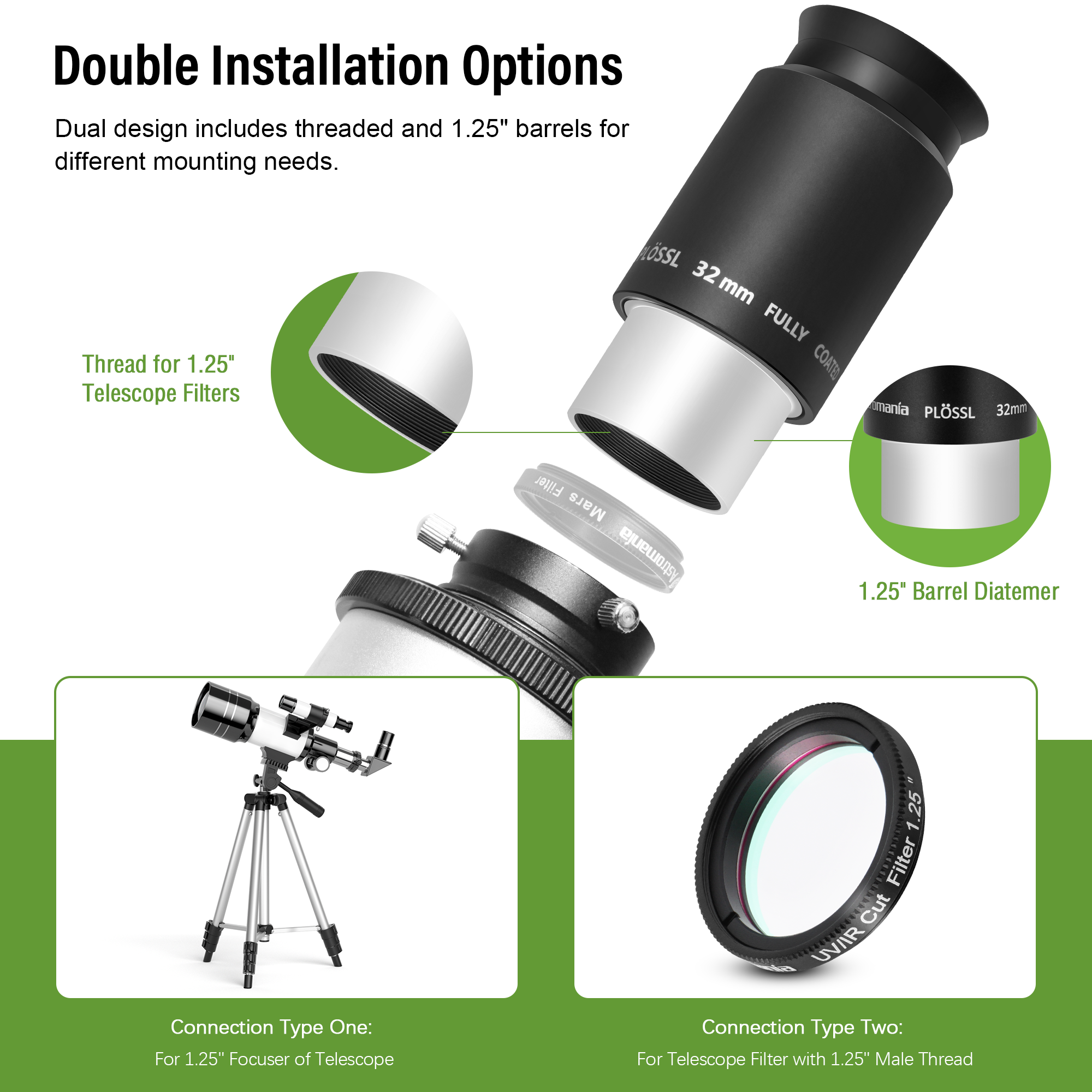 Astromania Telescope Plossl Eyepiece 32mm, 50 Degree Apparent Field of View Plossl Lens with Fully Multi Coated 4-Element,  Metal Telescope Accessory for Standard 1.25 Inch Astronomy Filter Thread