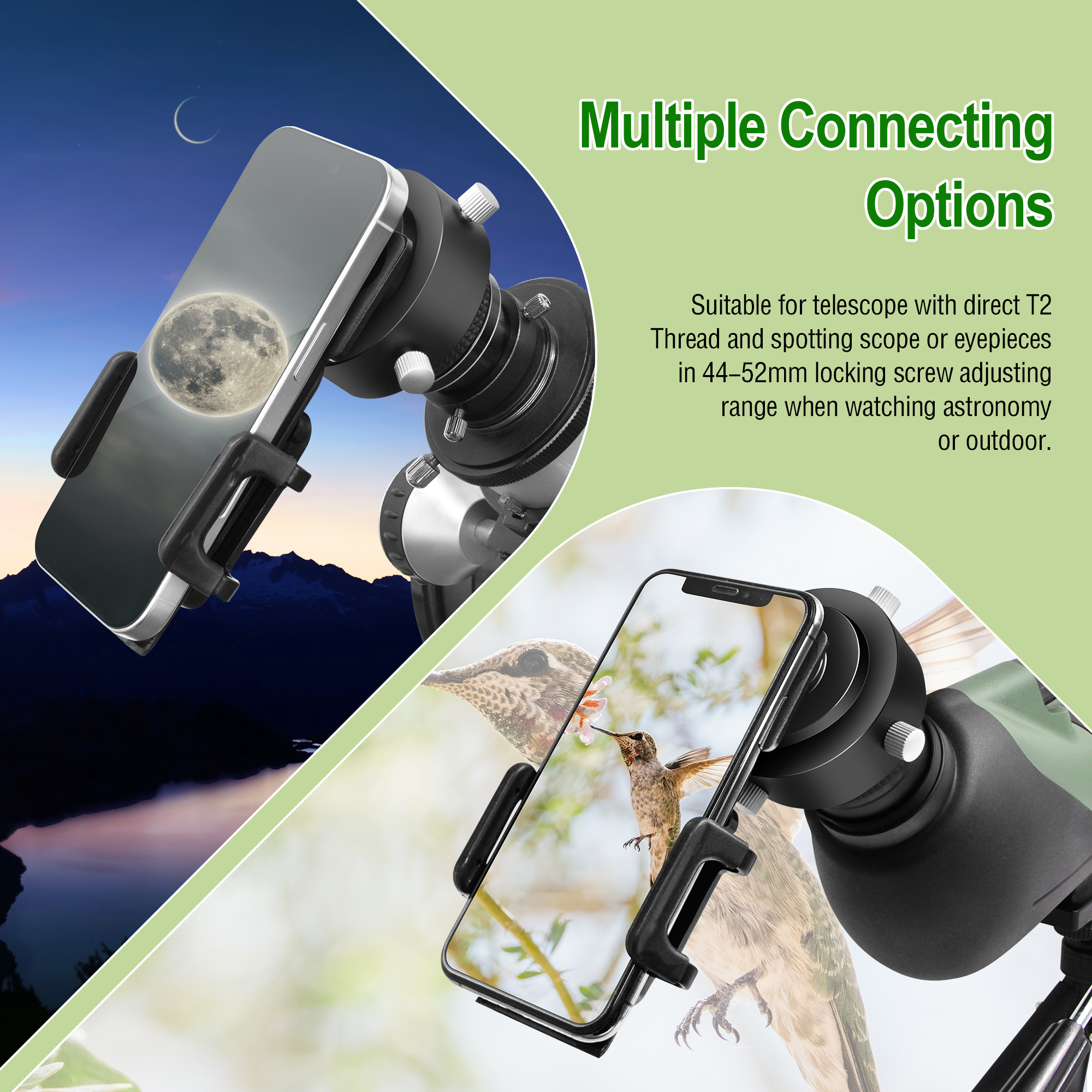 Astromania Smartphone iPhone Adapter with T2 Thread and Eyepiece Adapter 44 - 52mm - for photography with telescopes and spotting scope or binoculars