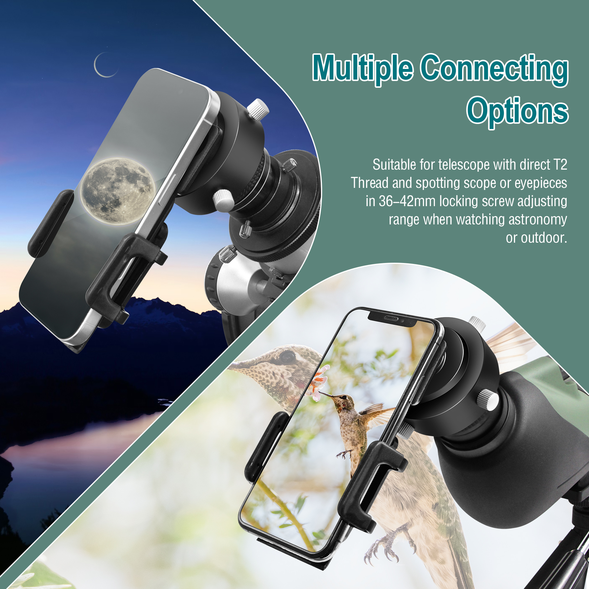 Astromania Smartphone iPhone Adapter with T2 Thread and Eyepiece Adapter 36 - 42mm - for photography with telescopes and spotting scope or binoculars
