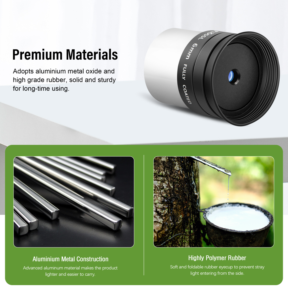 Astromania Telescope Eyepiece 6mm Plossl, 1.25 Inch Telescope Accessory Eyepiece Fully Multi Coated 4-Element Plossl Design, Metal 50 Degree Apparent Field of View for Astronomy Telescopes & Filters