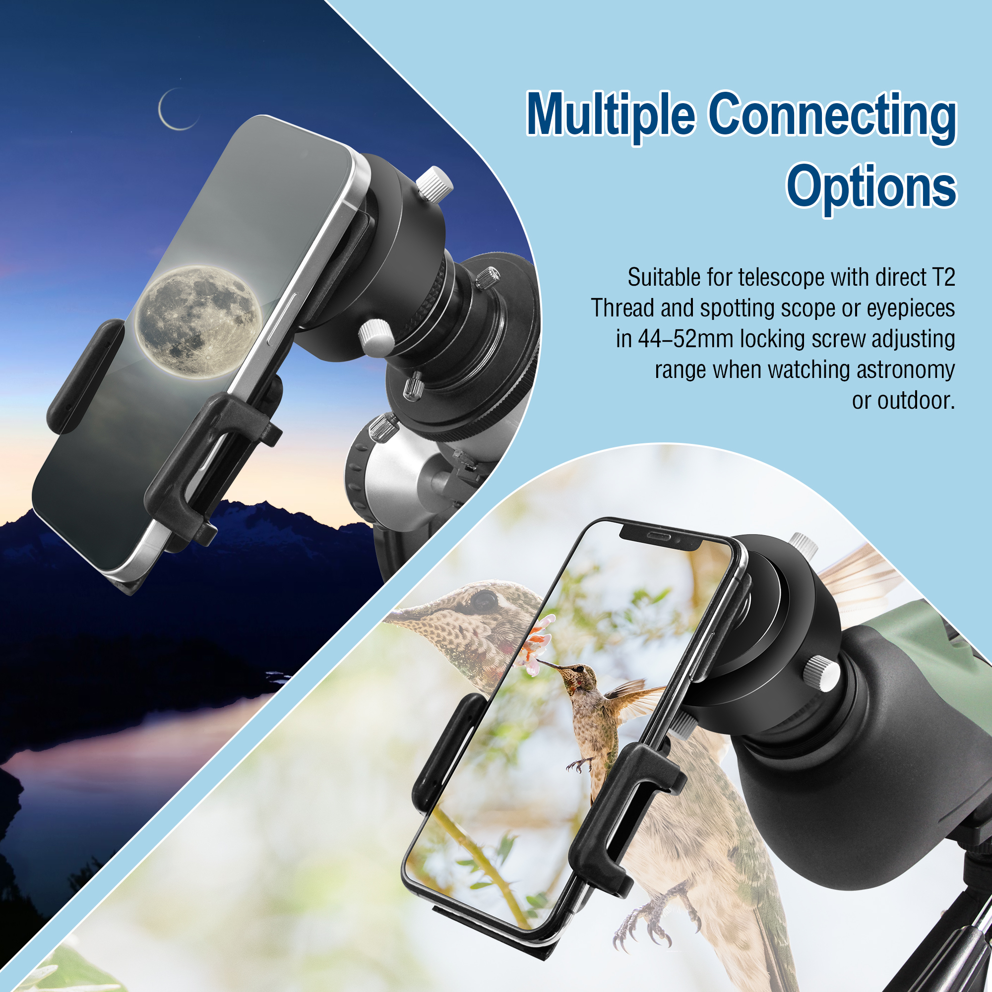 Astromania Smartphone iPhone Adapter with T2 Thread and Eyepiece Adapter 52 - 59mm - for photography with telescopes and spotting scope or binoculars