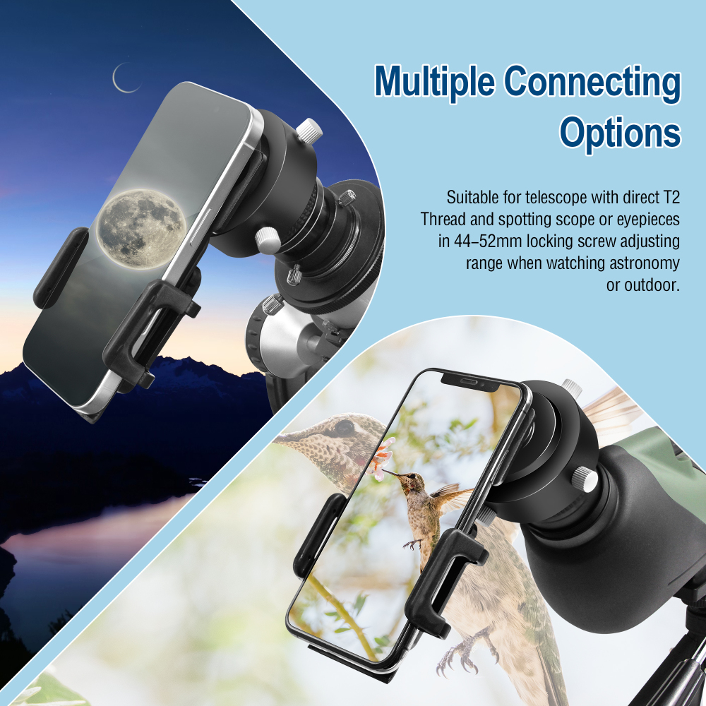 Astromania Smartphone iPhone Adapter with T2 Thread and Eyepiece Adapter 52 - 59mm - for photography with telescopes and spotting scope or binoculars
