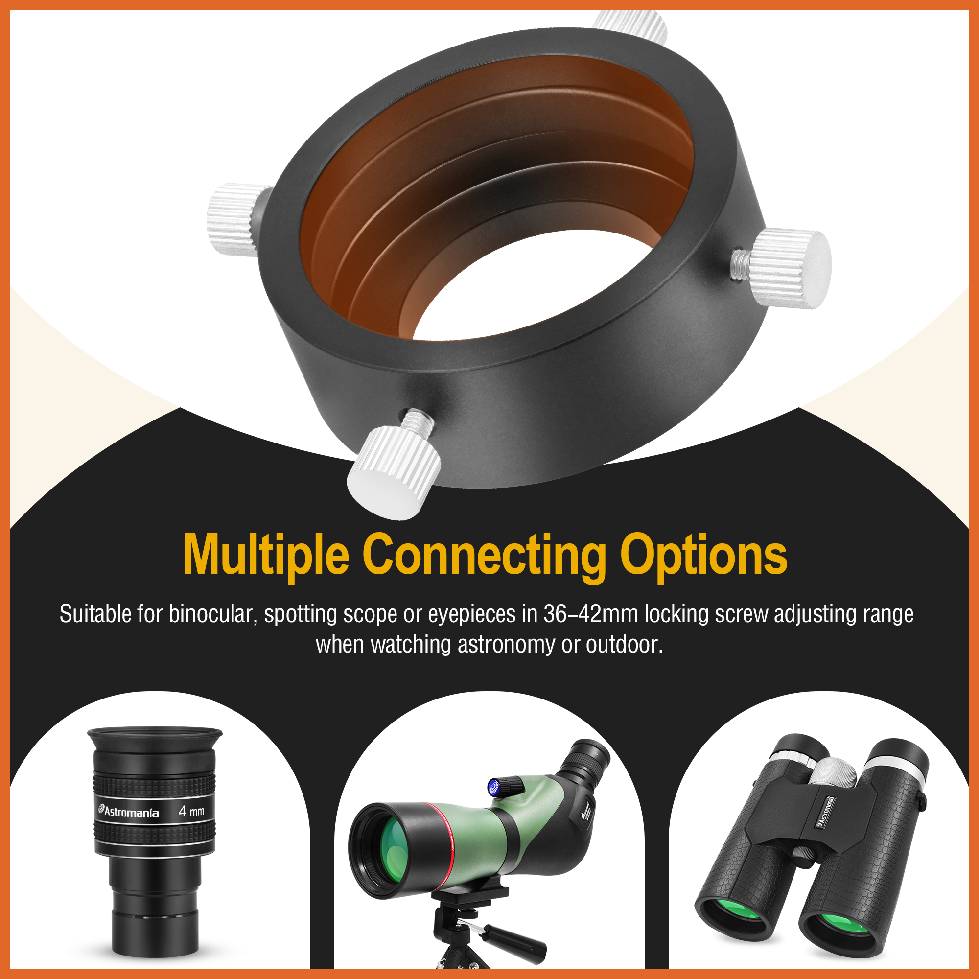 Astromania Universal T2 Camera Photo Adapter for Telescope and Spotting Scope-eyepieces adaptor 36-42mm-attach your camera or smartphone to eyepieces