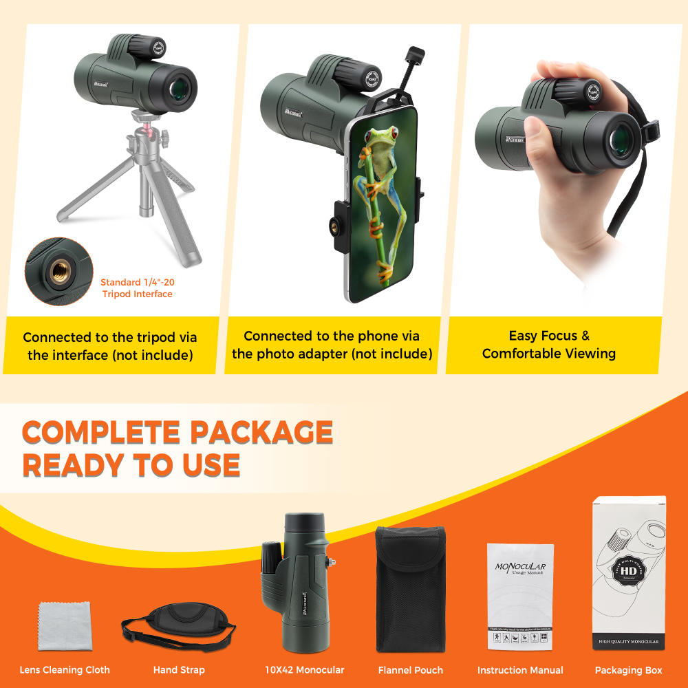 Astromania 10X42 BAK4 High Power Prism Monoculars, Waterproof, Compact Handheld Monoscope for Bird Watching, Hunting, Traveling Gifts for Men