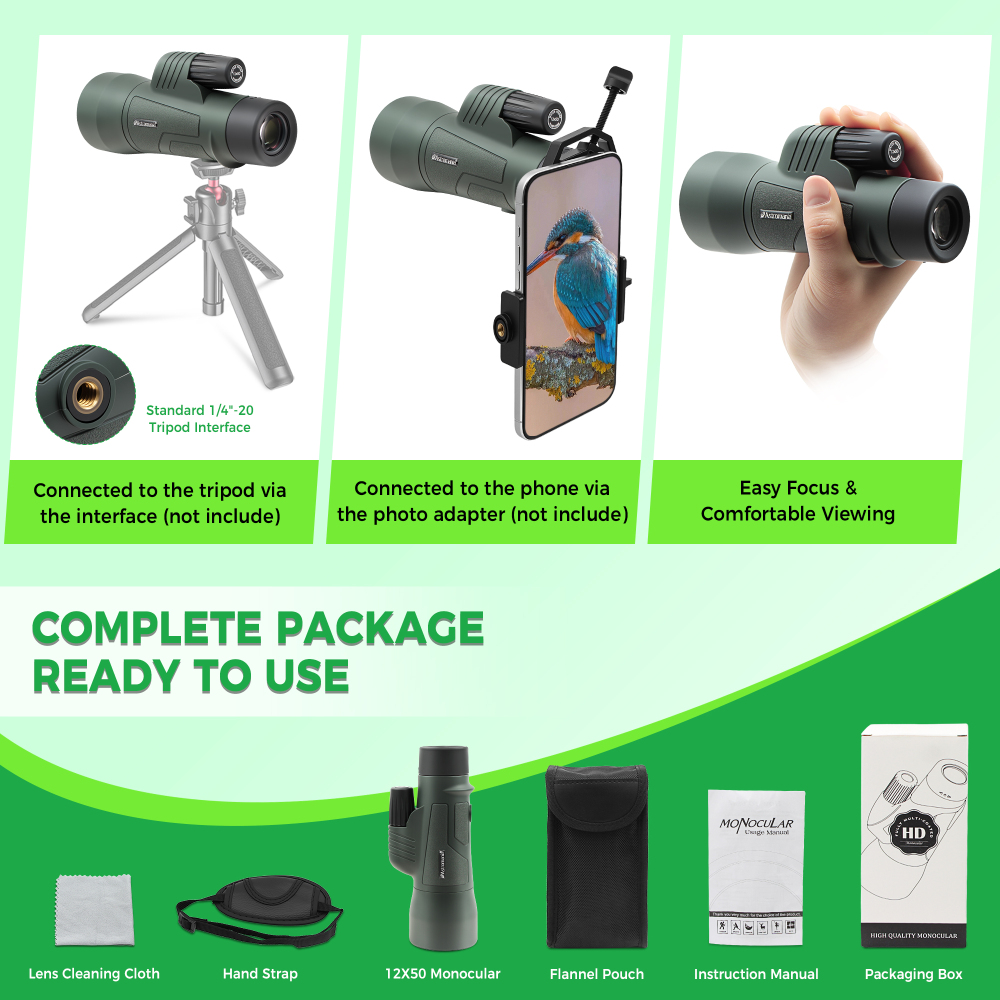 Astromania 12X50 BAK4 High Power Prism Monoculars, Waterproof, Compact Handheld Monoscope for Bird Watching, Hunting, Traveling Gifts for Men