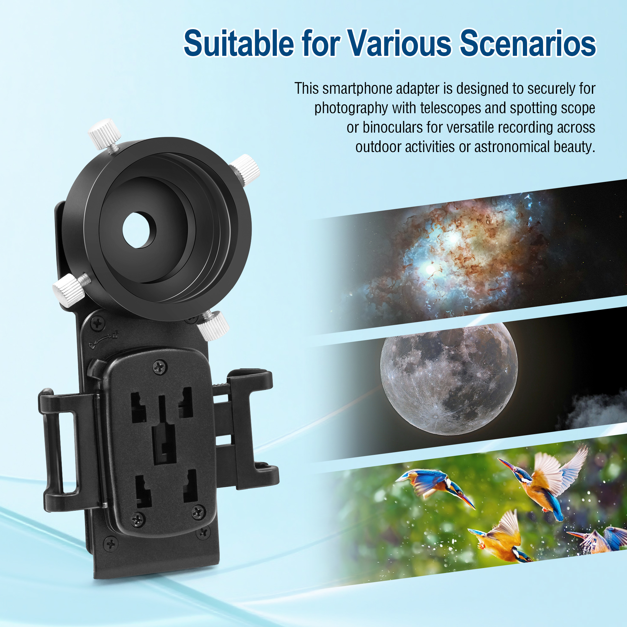 Astromania Smartphone iPhone Adapter with T2 Thread and Eyepiece Adapter 52 - 59mm - for photography with telescopes and spotting scope or binoculars