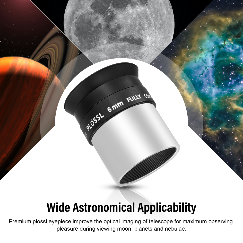 Astromania Telescope Eyepiece 6mm Plossl, 1.25 Inch Telescope Accessory Eyepiece Fully Multi Coated 4-Element Plossl Design, Metal 50 Degree Apparent Field of View for Astronomy Telescopes & Filters