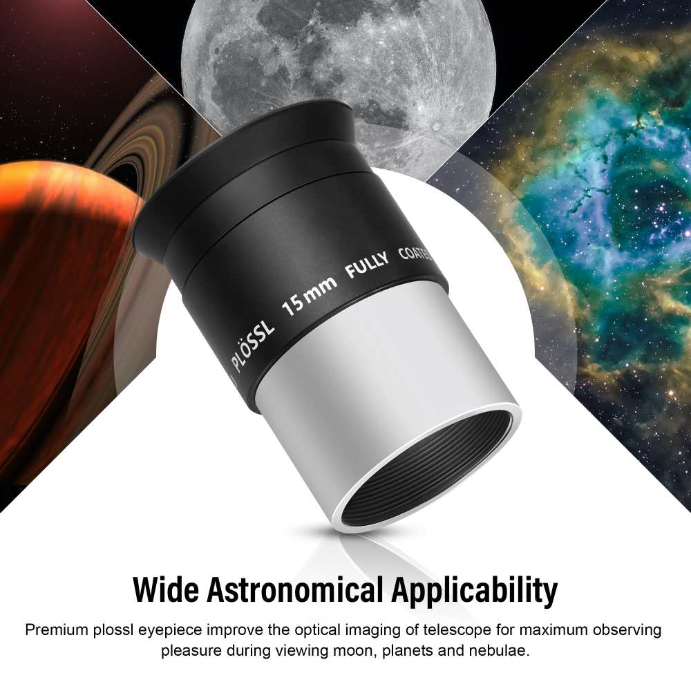 Astromania Telescope Plossl Eyepiece 15mm, 50 Degree Apparent Field of View Plossl Lens with Fully Multi Coated 4-Element,  Metal Telescope Accessory for Standard 1.25 Inch Astronomy Filter Thread