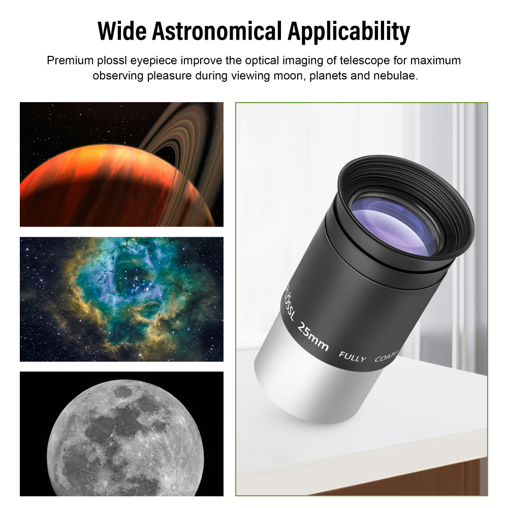Astromania Telescope Eyepiece 25mm Plossl, 1.25 Inch Telescope Accessory Eyepiece Fully Multi Coated 4-Element Plossl Design, Metal 50 Degree Apparent Field of View for Astronomy Telescopes & Filters