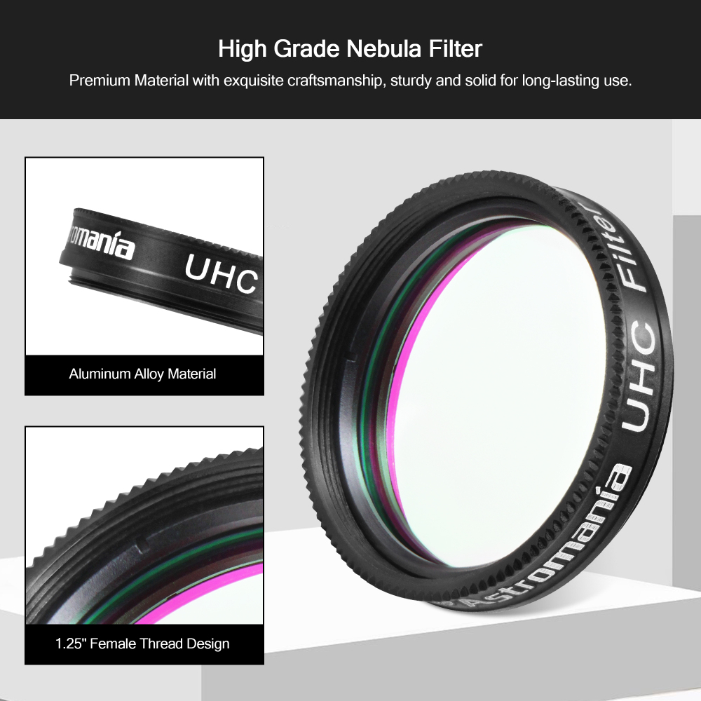 Astromania Telescope UHC Filter 1.25 Inch, Telescope Filter Improve Image Contrast Reduces Light Pollution, Telescope Accessories Nebula Filter for Superb Views of Orion, Swan and Other Extended Nebulae