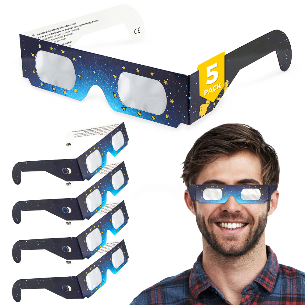 Astromania Solar Eclipse Glasses 5 Pack, Trusted for Direct Solar Eclipse Viewing - ISO 12312-2 & CE Certified, Telescope Accessories Provide Ideal Protection for Eyes During Sun Eclipse Observation