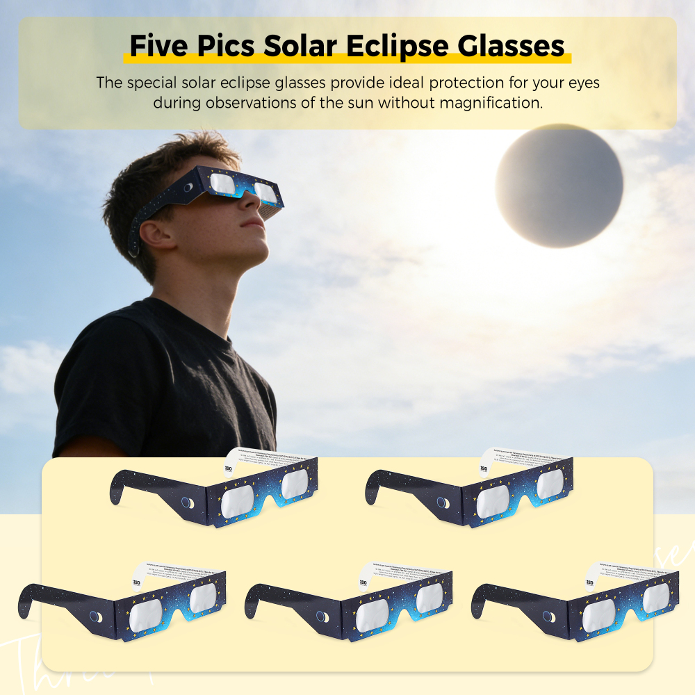 Astromania Solar Eclipse Glasses 5 Pack, Trusted for Direct Solar Eclipse Viewing - ISO 12312-2 & CE Certified, Telescope Accessories Provide Ideal Protection for Eyes During Sun Eclipse Observation