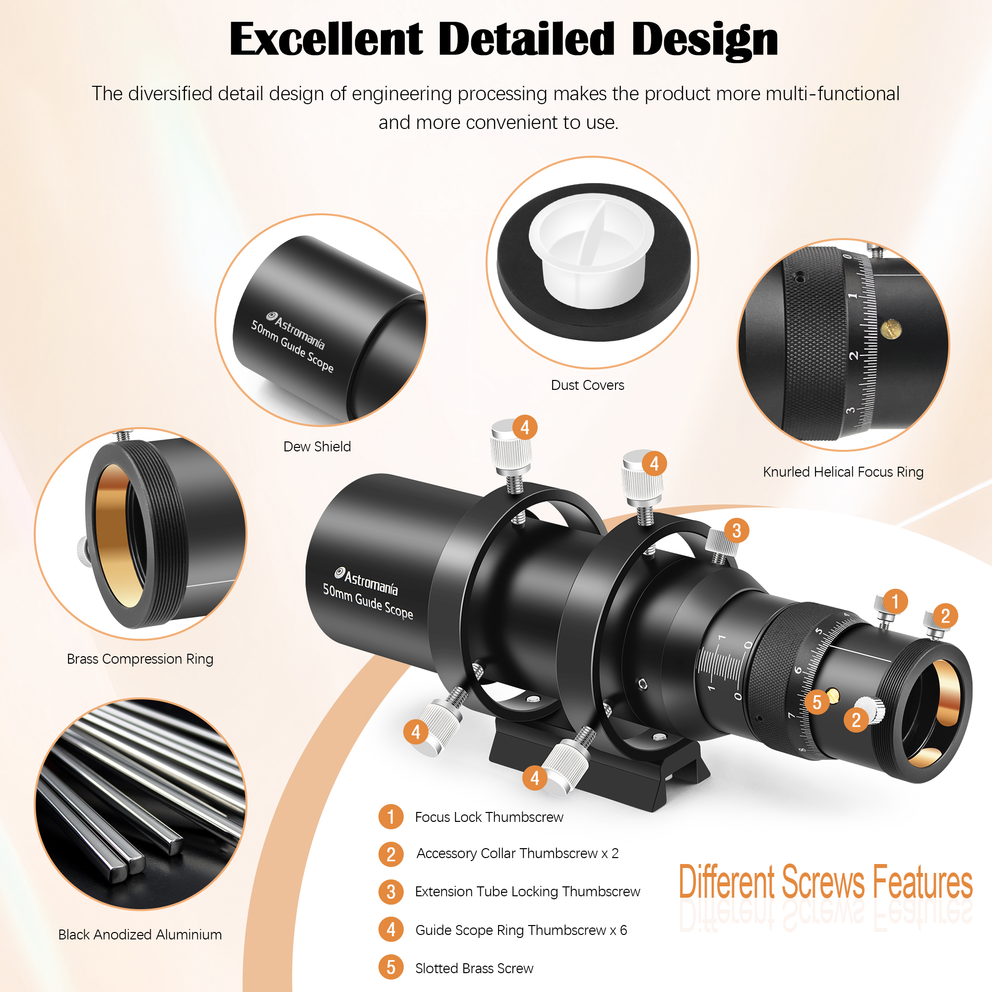 Astromania Guide Scope 50mm Compact Deluxe Finder Guide Scope Kit with Double Helical Focuser Compatible with 1.25 inch Eyepiece for Astronomical Telescope & Auto Guiding Cameras for Astrophotography