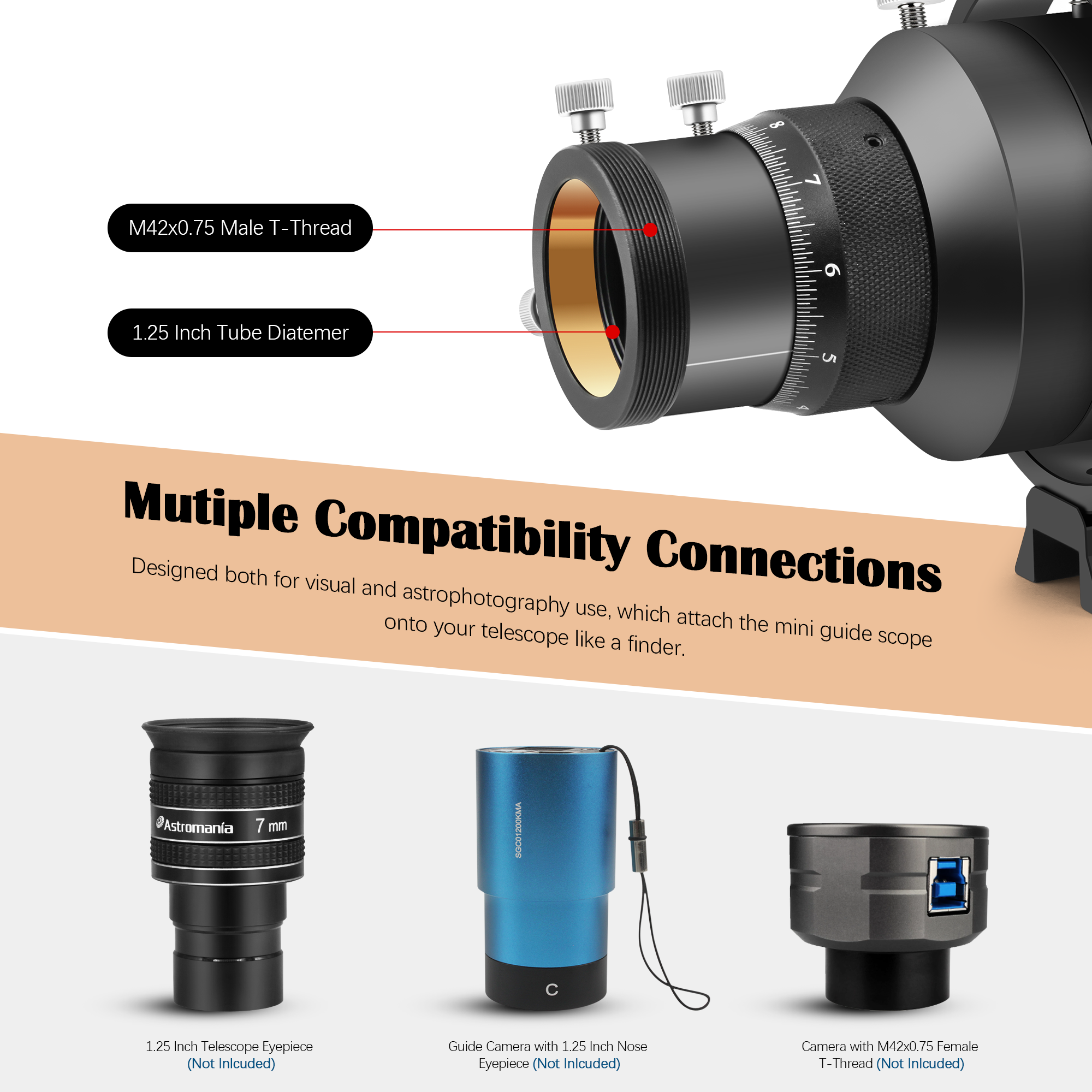 Astromania Guide Scope 50mm Compact Deluxe Finder Guide Scope Kit with Double Helical Focuser Compatible with 1.25 inch Eyepiece for Astronomical Telescope & Auto Guiding Cameras for Astrophotography