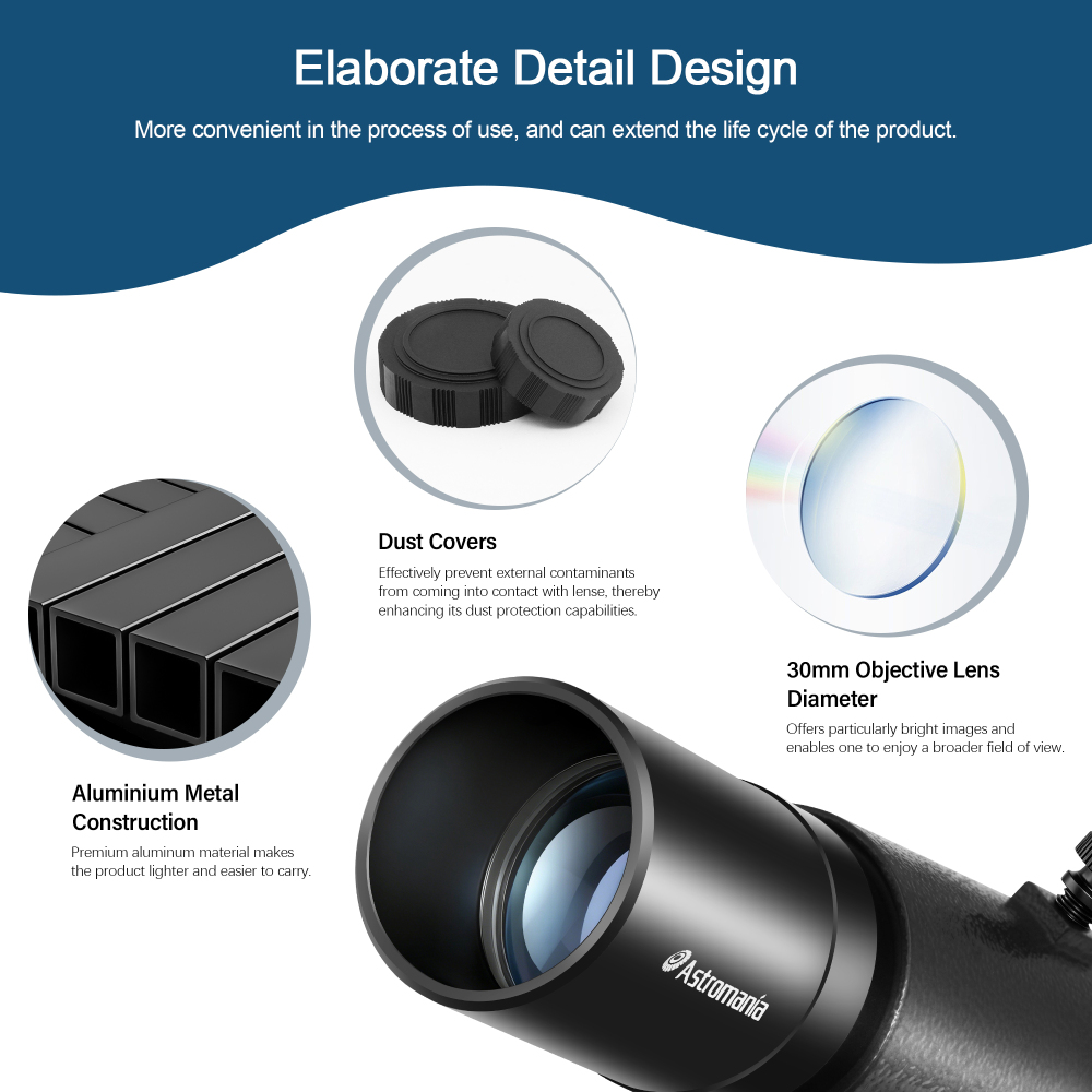 Astromania Finder Scope, 6x30 Straight-Through Correct Image Optical Finderscope for Astronomy Telescope with Crosshair and Bracket, Fully Multi-Coated Telescope Finder - Upright & Non-reversed Image