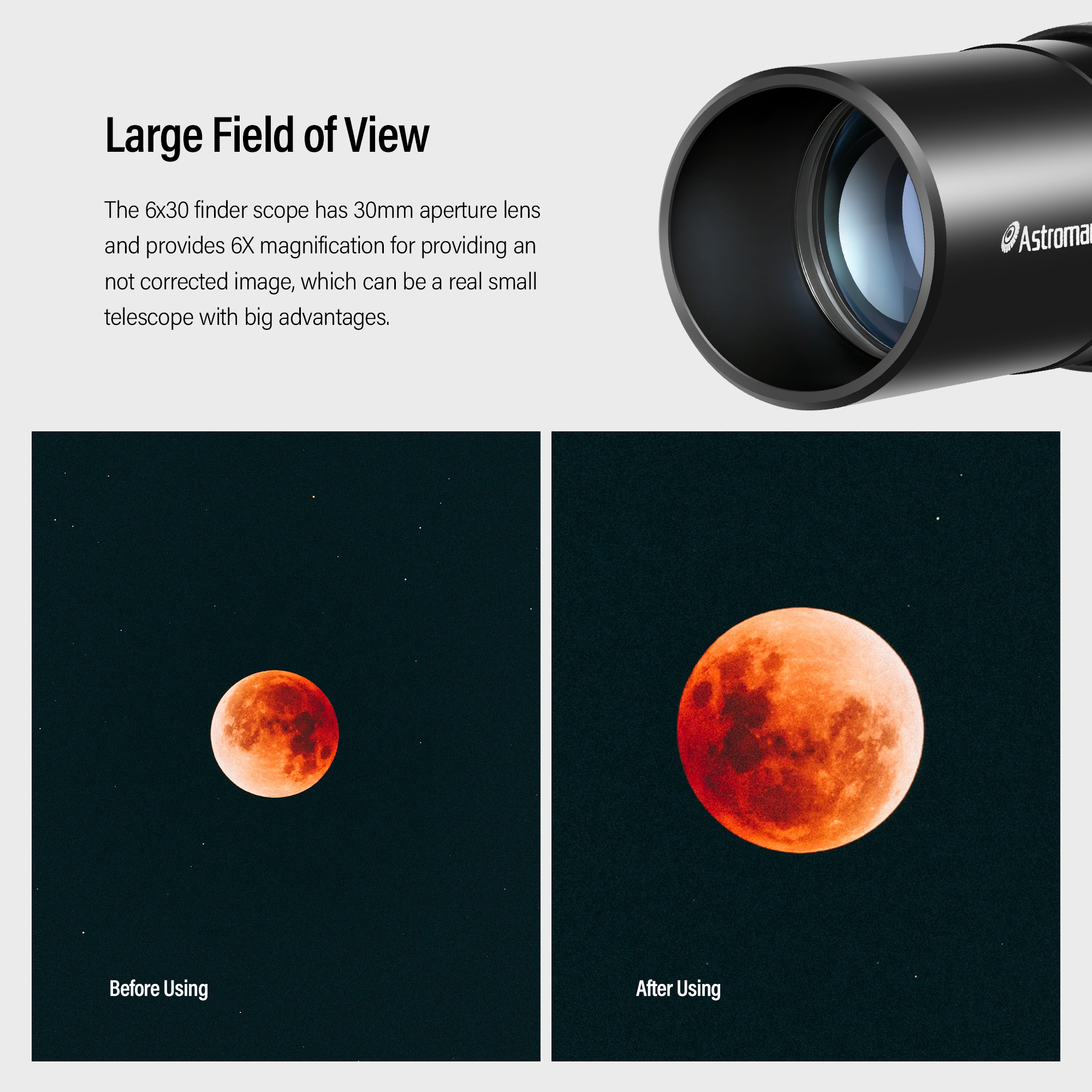 Astromania Finder Scope, 6x30 Metal Optical Finderscope for Astronomy Telescope - Provides Straight-Through Not-Corrected Image Optical, Fully Multi-Coated Telescope Finder with Crosshair and Bracket