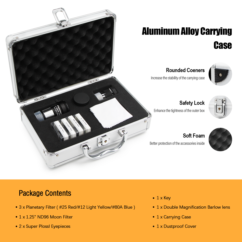 Astromania 1.25" Telescope Eyepiece & Filter Astronomical Kit with 2pcs Plossl Eyepieces, 3pcs Planetary Filters, Moon Filter and 2X Barlow Lens - A Useful Set of Accessories for Newcomer to Astronomy