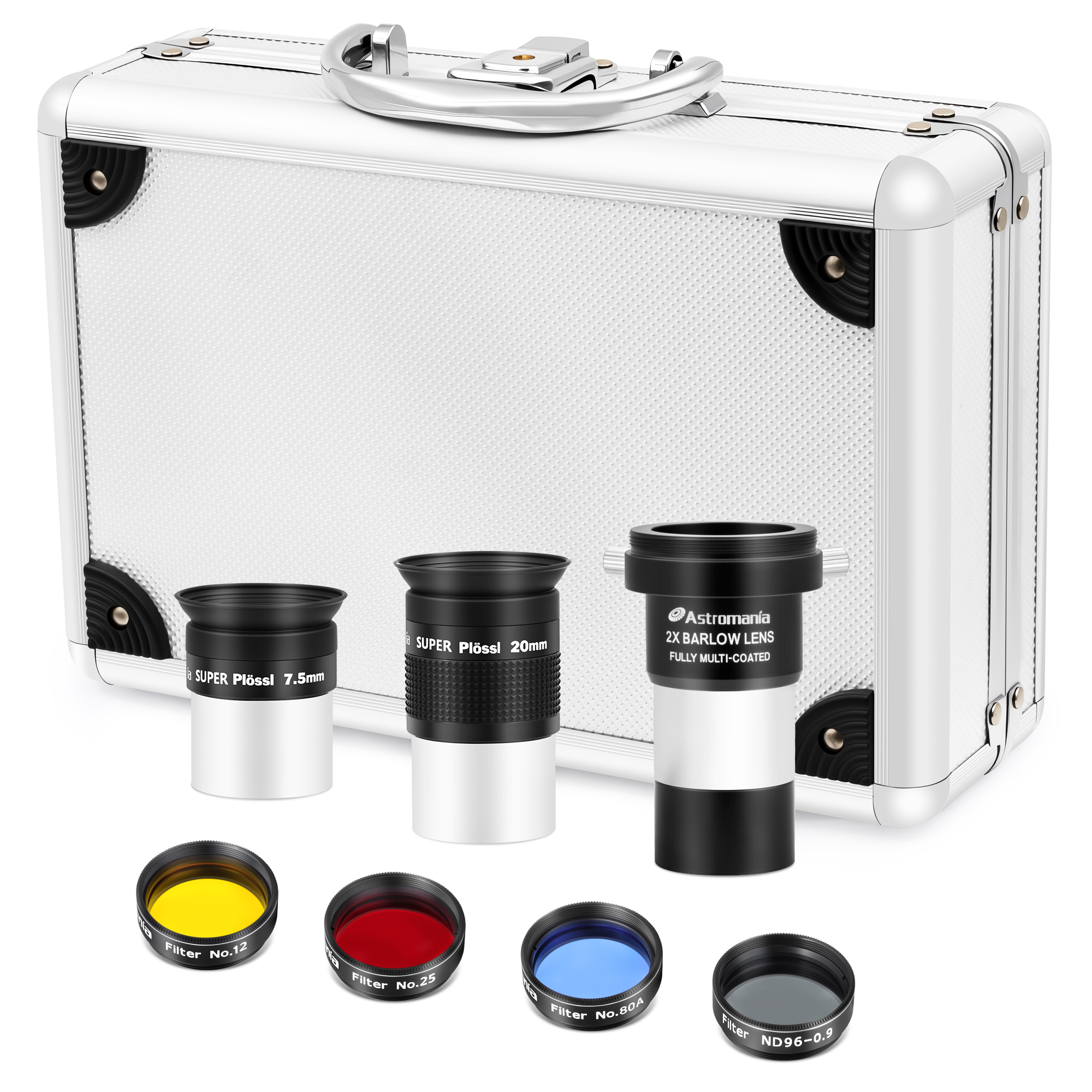 Astromania 1.25" Telescope Eyepiece & Filter Astronomical Kit with 2pcs Plossl Eyepieces, 3pcs Planetary Filters, Moon Filter and 2X Barlow Lens - A Useful Set of Accessories for Newcomer to Astronomy