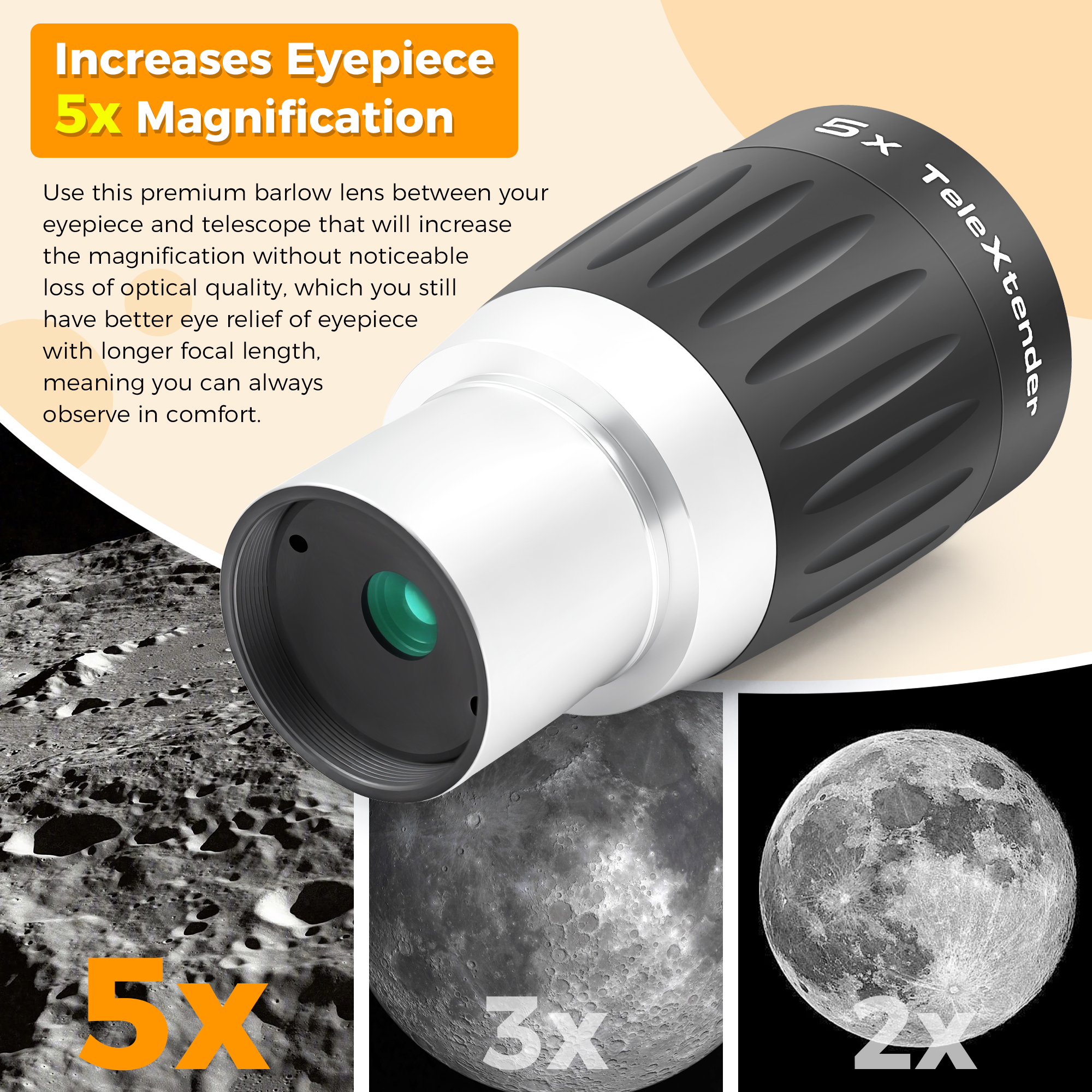 Astromania Barlow Lens 5X 1.25 Inch - 4-Elements Multi-Coated Metal TeleXtender for Telescope - Premium Apochromatic Design Telescope Accessories for Astronomical Photography