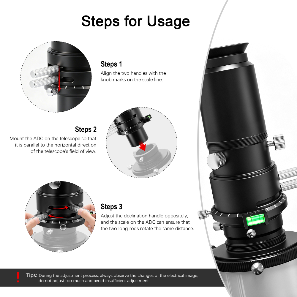 Astromania ADC Atmospheric Dispersion Corrector - 1.25 inches Apochromatic Correction Mechanism - Provides a Sharp Planetary Moon Image, Telescope Accessory with Bubble Level