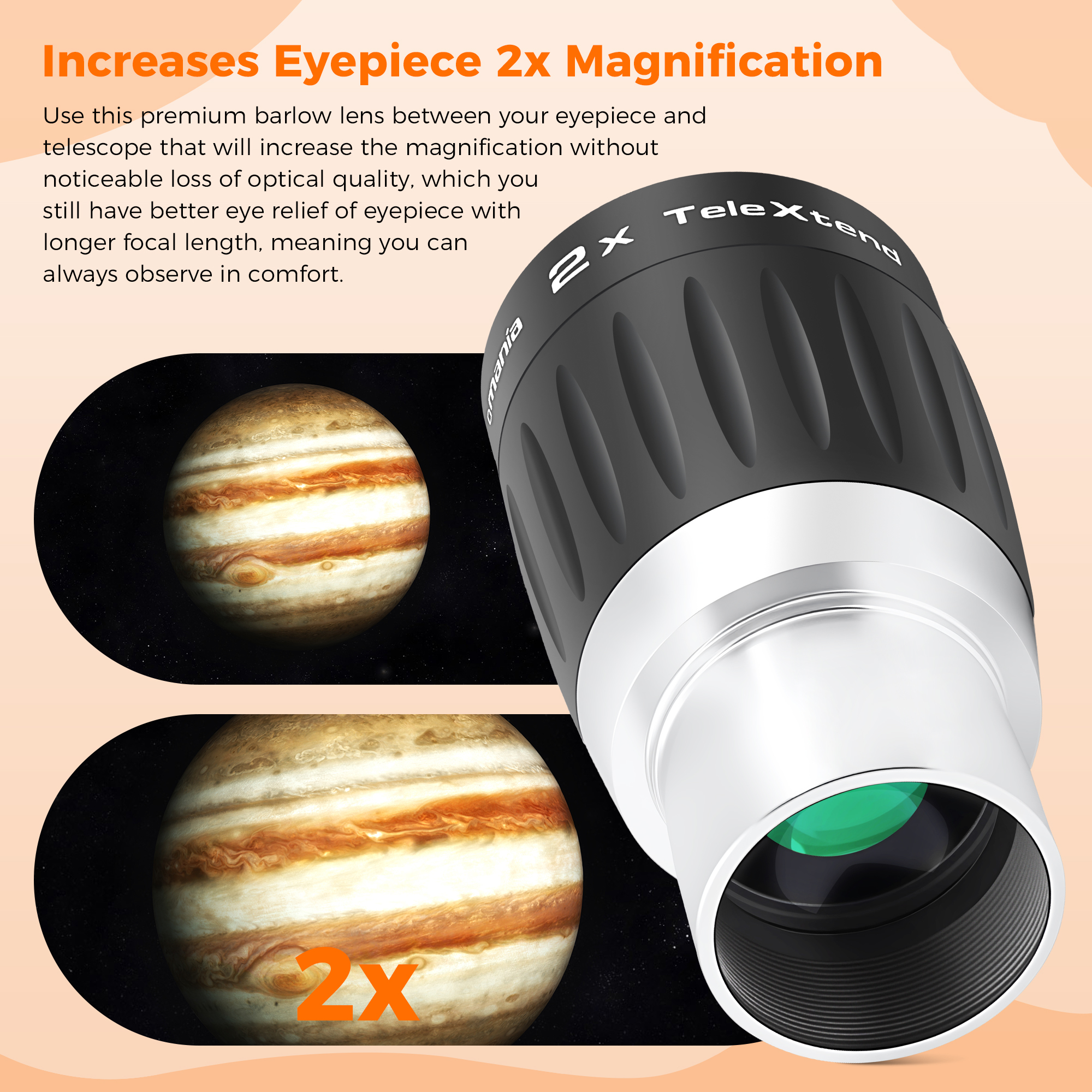 Astromania Barlow Lens 2X 1.25 Inch - 3-Elements Multi-Coated Metal TeleXtender for Telescope - Premium Apochromatic Design Telescope Accessories for Astronomical Photography