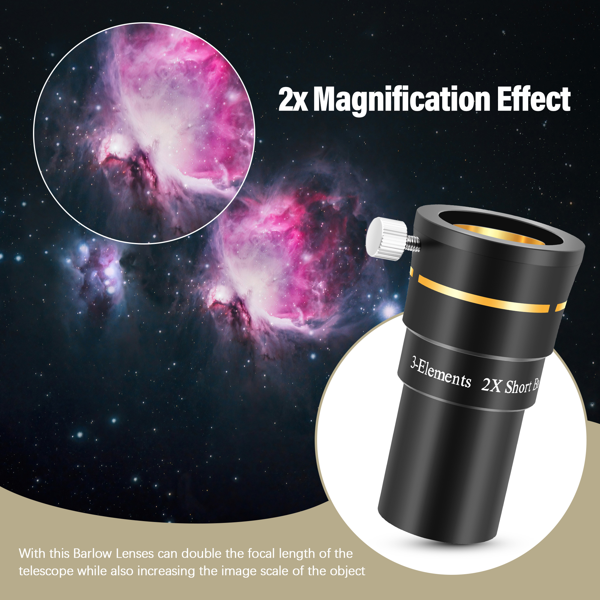 Astromania Telescope Barlow Lens 2x with 3-Elements Multi Coated Lens - 1.25 Inch Fully Metal Telescope Accessory for Astronomy & Astrophotography