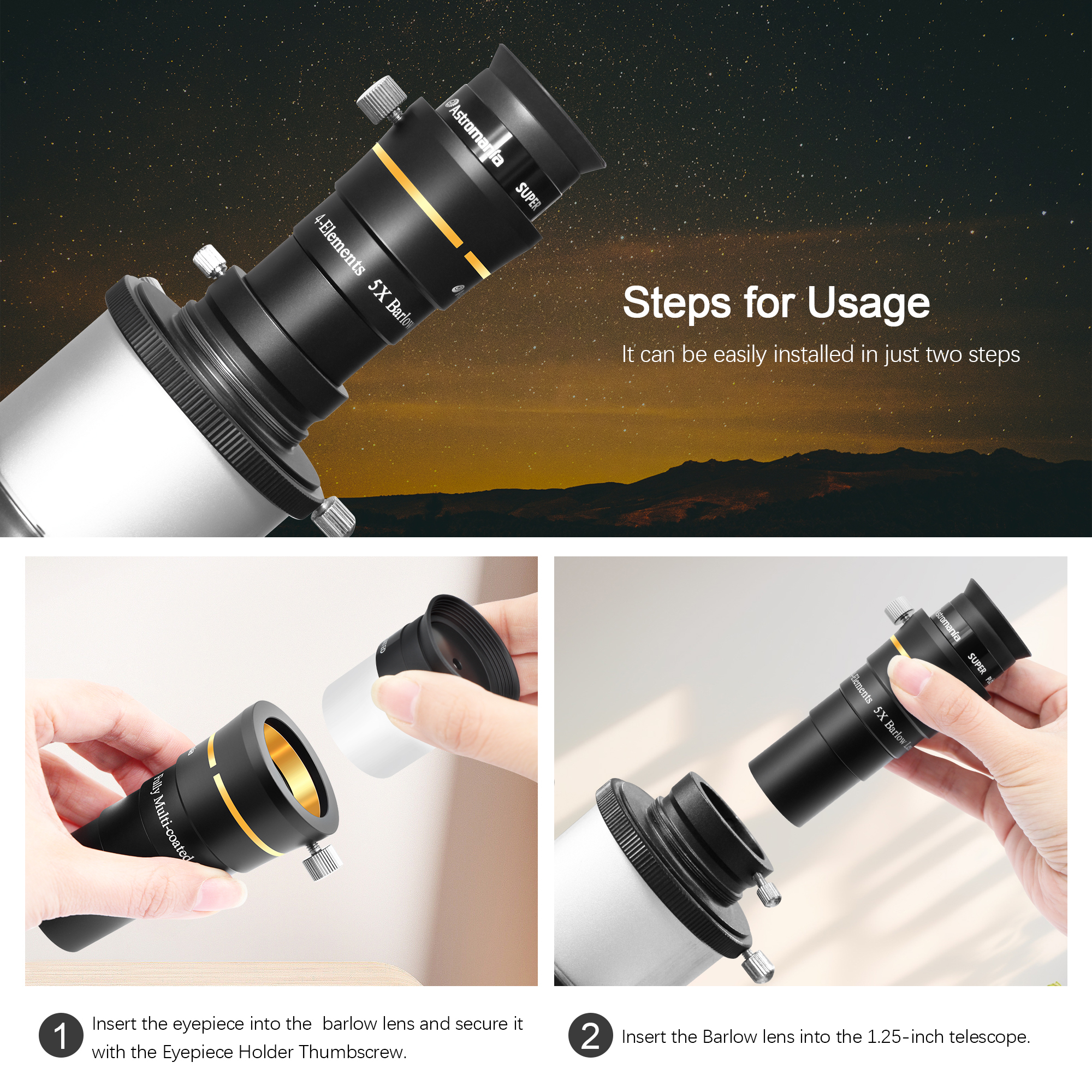 Astromania Telescope Barlow Lens 5x with 4-Elements Multi Coated Lens - 1.25 Inch Fully Metal Telescope Accessory for Astronomy & Astrophotography