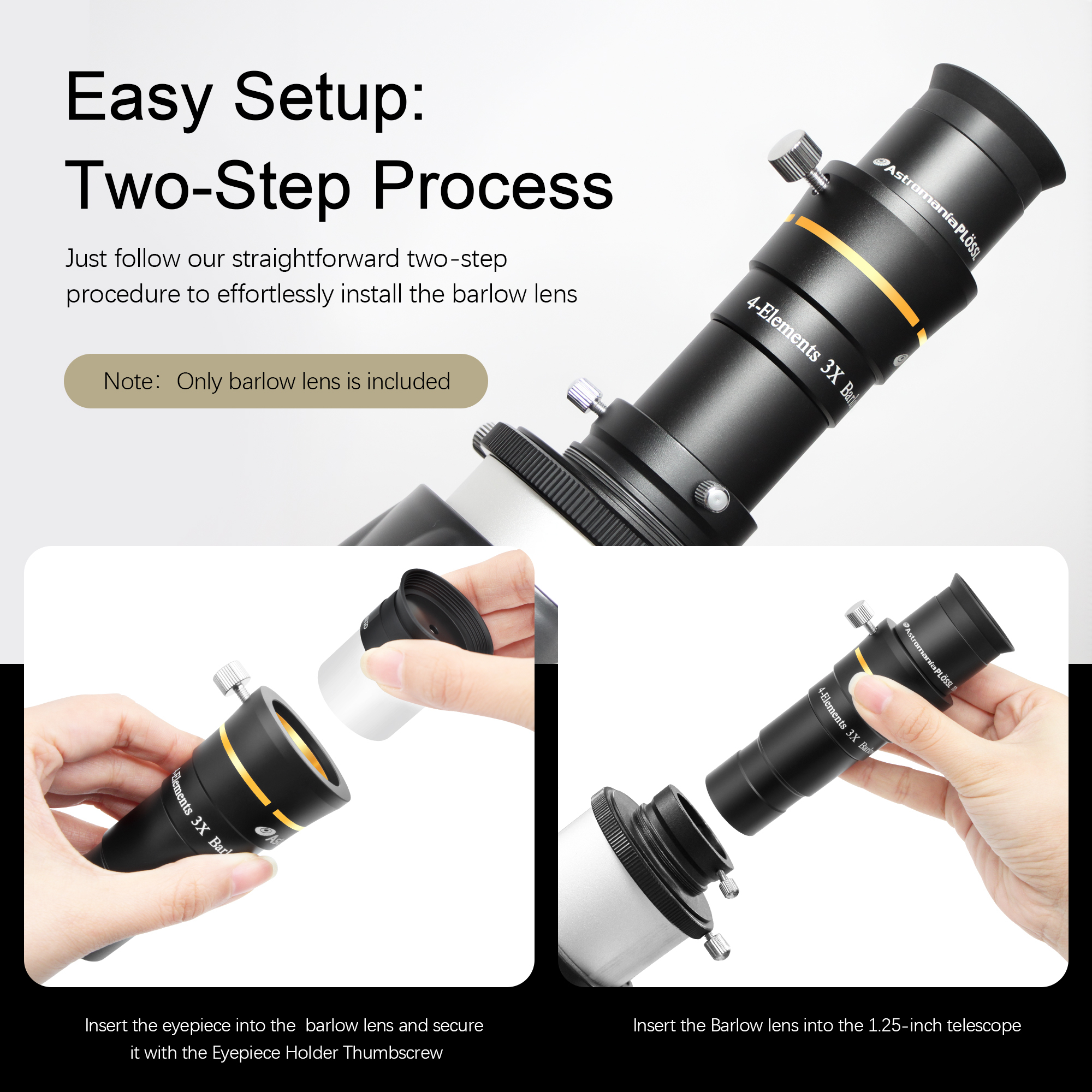 Astromania Telescope Barlow Lens 3x with 4-Elements Multi Coated Lens - 1.25 Inch Fully Metal Telescope Accessory for Astronomy & Astrophotography