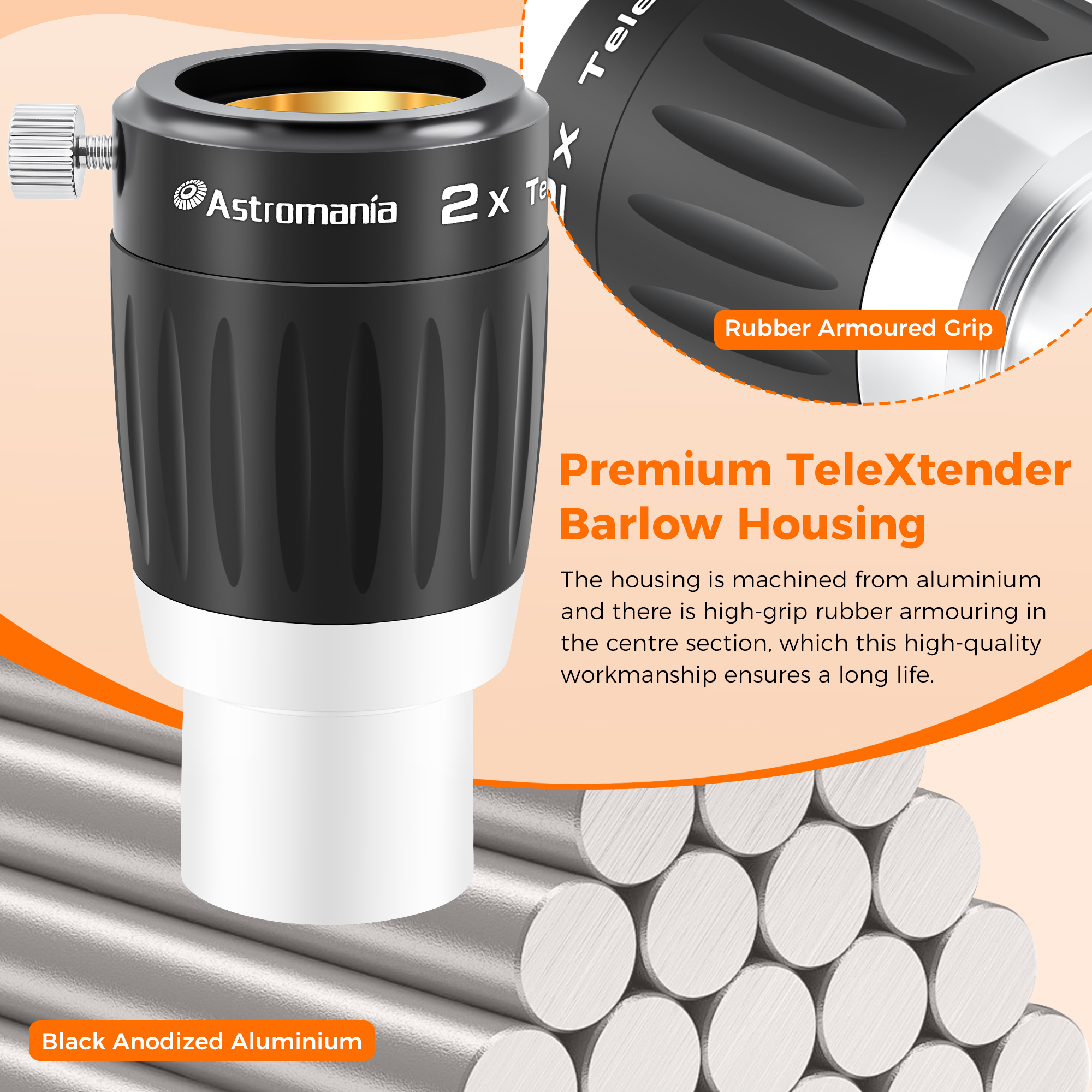 Astromania Barlow Lens 2X 1.25 Inch - 3-Elements Multi-Coated Metal TeleXtender for Telescope - Premium Apochromatic Design Telescope Accessories for Astronomical Photography