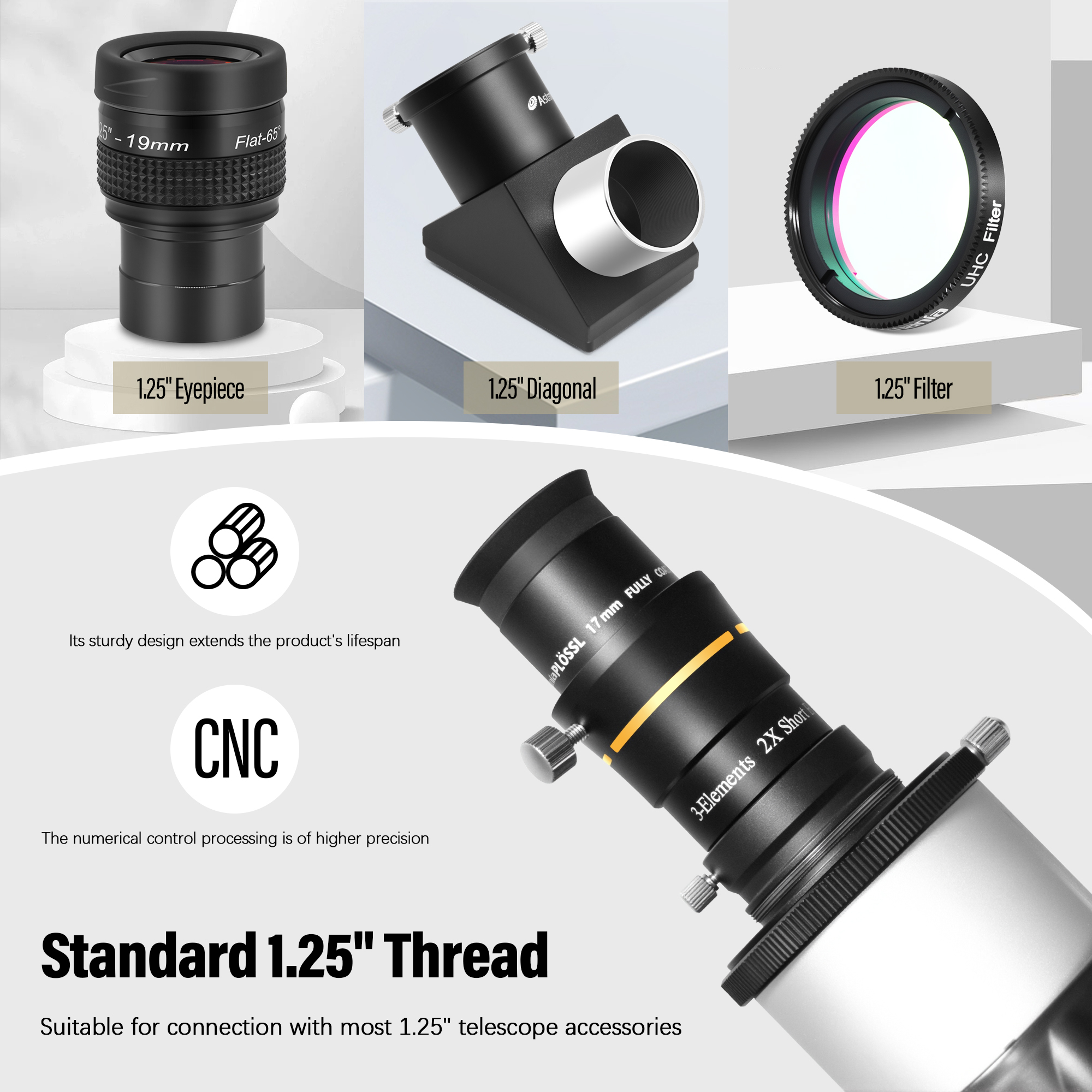Astromania Telescope Barlow Lens 2x with 3-Elements Multi Coated Lens - 1.25 Inch Fully Metal Telescope Accessory for Astronomy & Astrophotography
