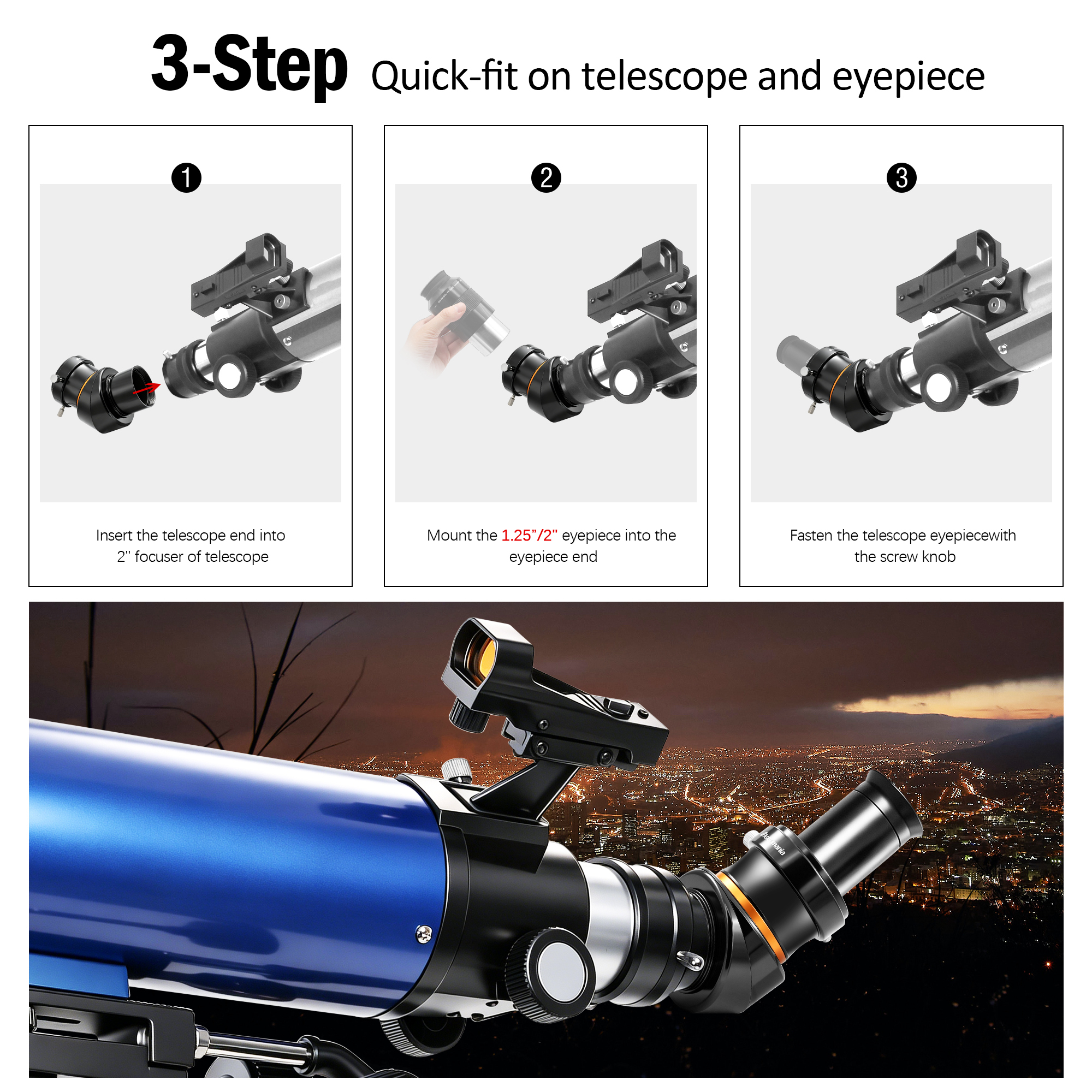 Astromania 2 Inch Diagonal 45-Degree Erect-image Prism for Telescope - Image Erecting BAK4 Prism with Anti-reflection Coating that Provides Sharp and Clear Image - with 2 to 1.25 Eyepiece Adapter