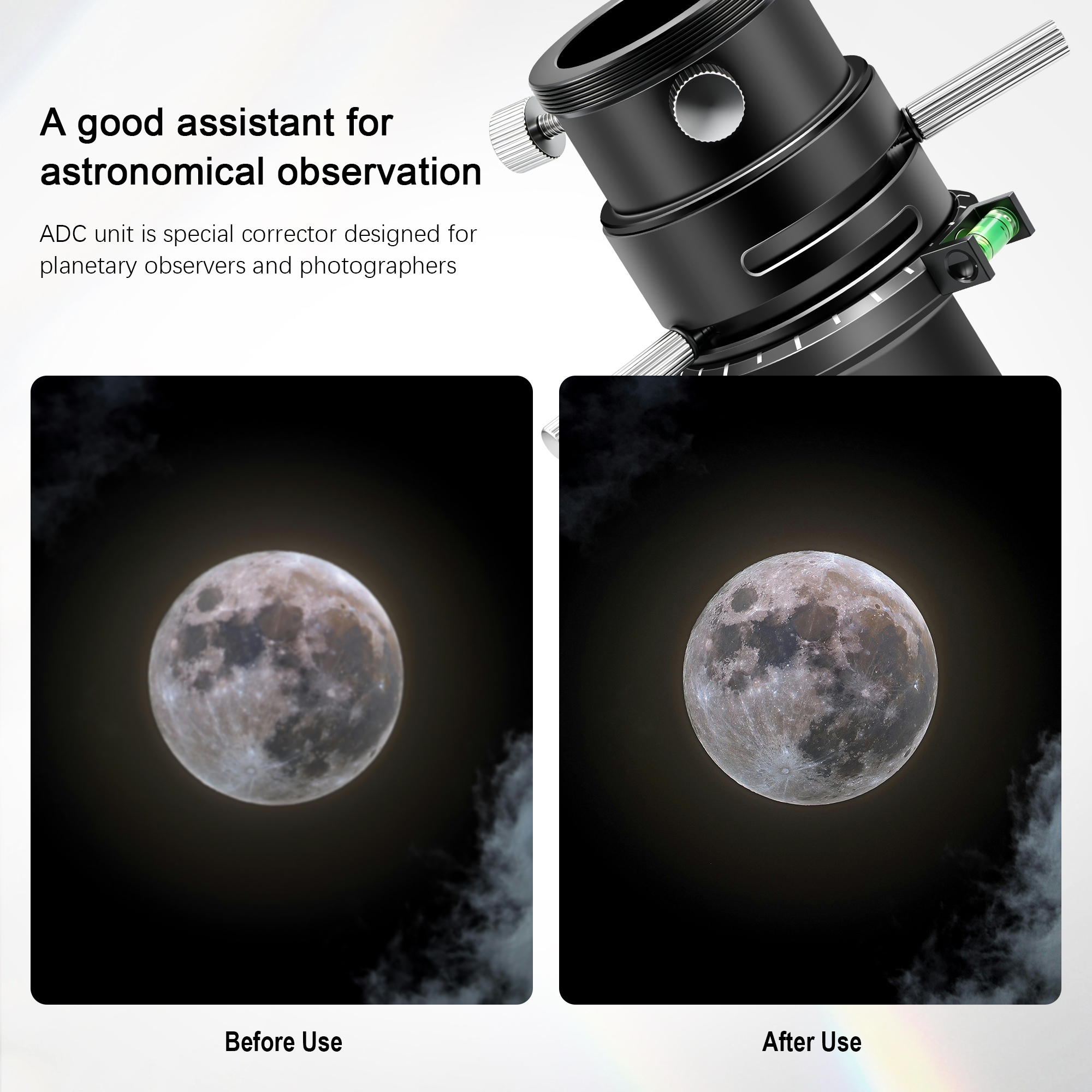 Astromania ADC Atmospheric Dispersion Corrector - 1.25 inches Apochromatic Correction Mechanism - Provides a Sharp Planetary Moon Image, Telescope Accessory with Bubble Level