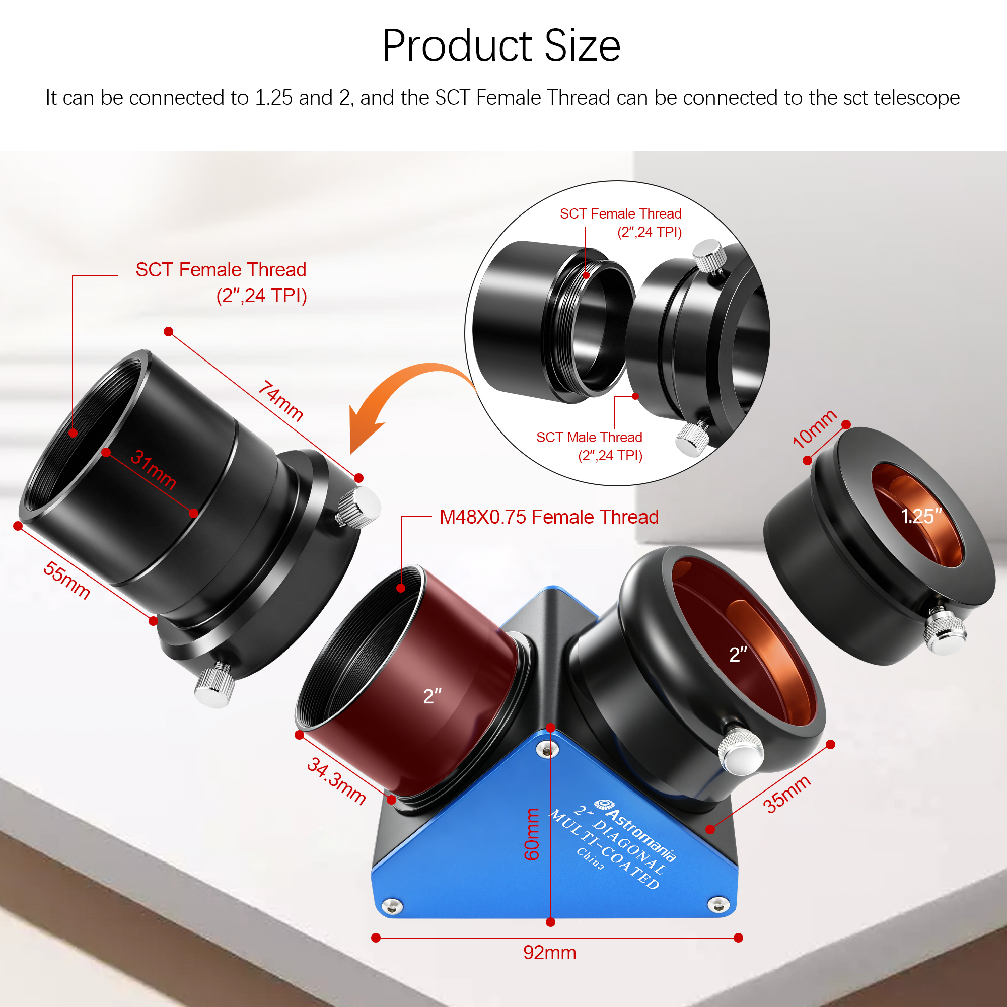 Astromania Telescope Diagonal 2 Inch 90-Degree Diagonal Mirror 99% Reflective Dielectric Coating Erect Image with 1.25 Inch Adapter - Provide a Much Brighter Image Than with an Ordinary Star Diagonal