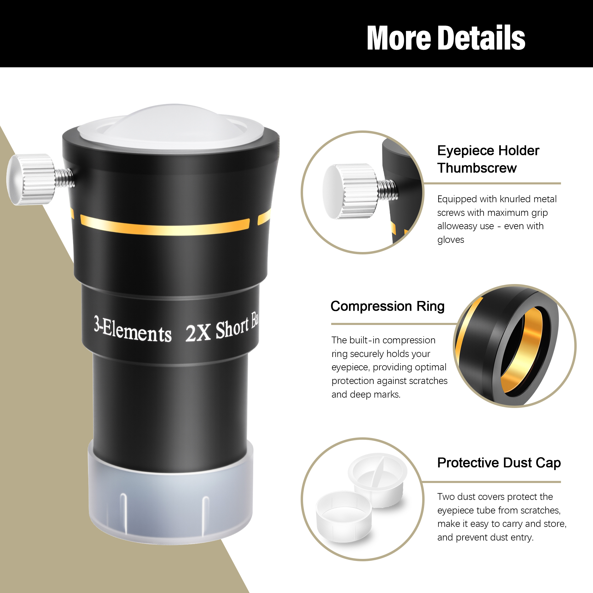 Astromania Telescope Barlow Lens 2x with 3-Elements Multi Coated Lens - 1.25 Inch Fully Metal Telescope Accessory for Astronomy & Astrophotography