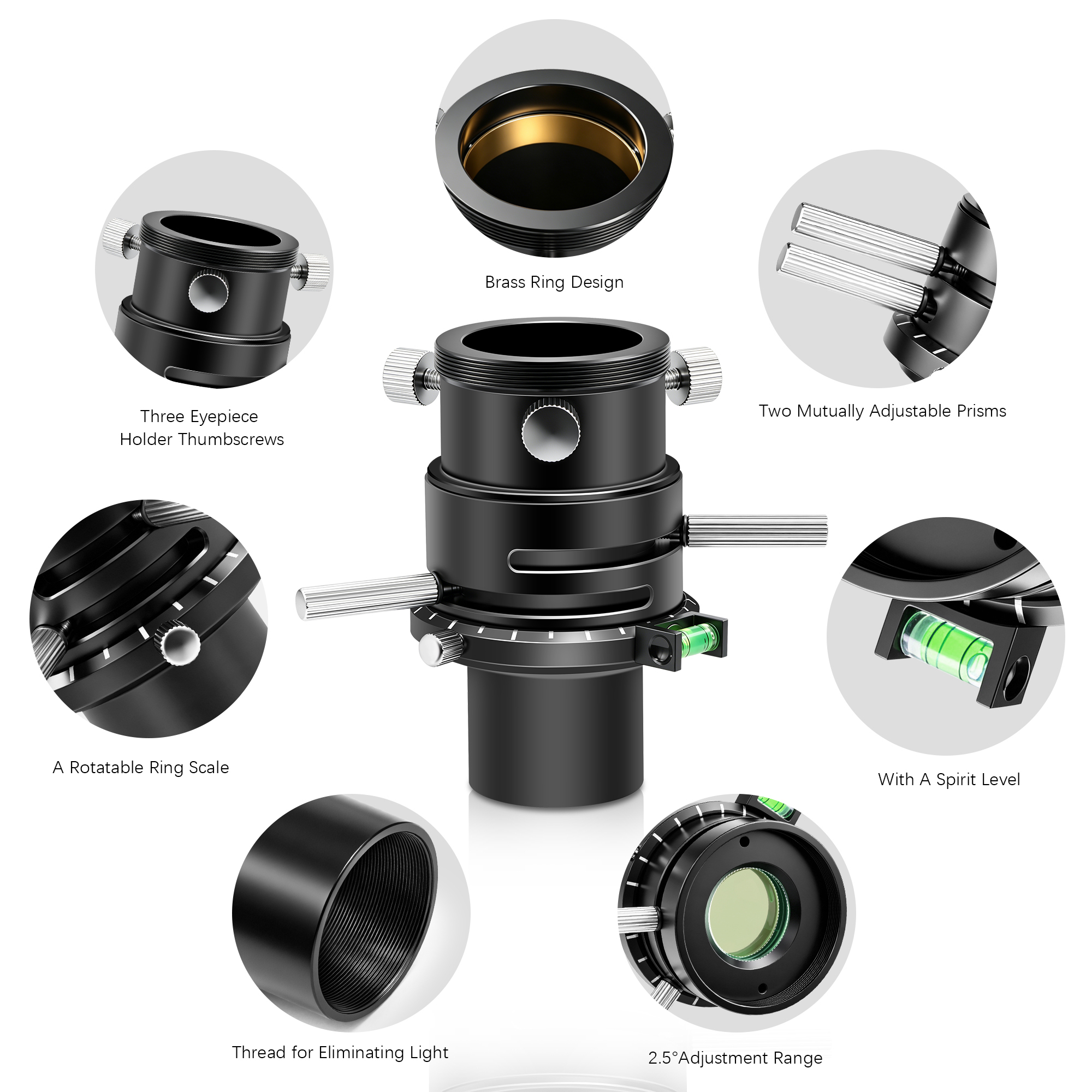 Astromania ADC Atmospheric Dispersion Corrector - 1.25 inches Apochromatic Correction Mechanism - Provides a Sharp Planetary Moon Image, Telescope Accessory with Bubble Level