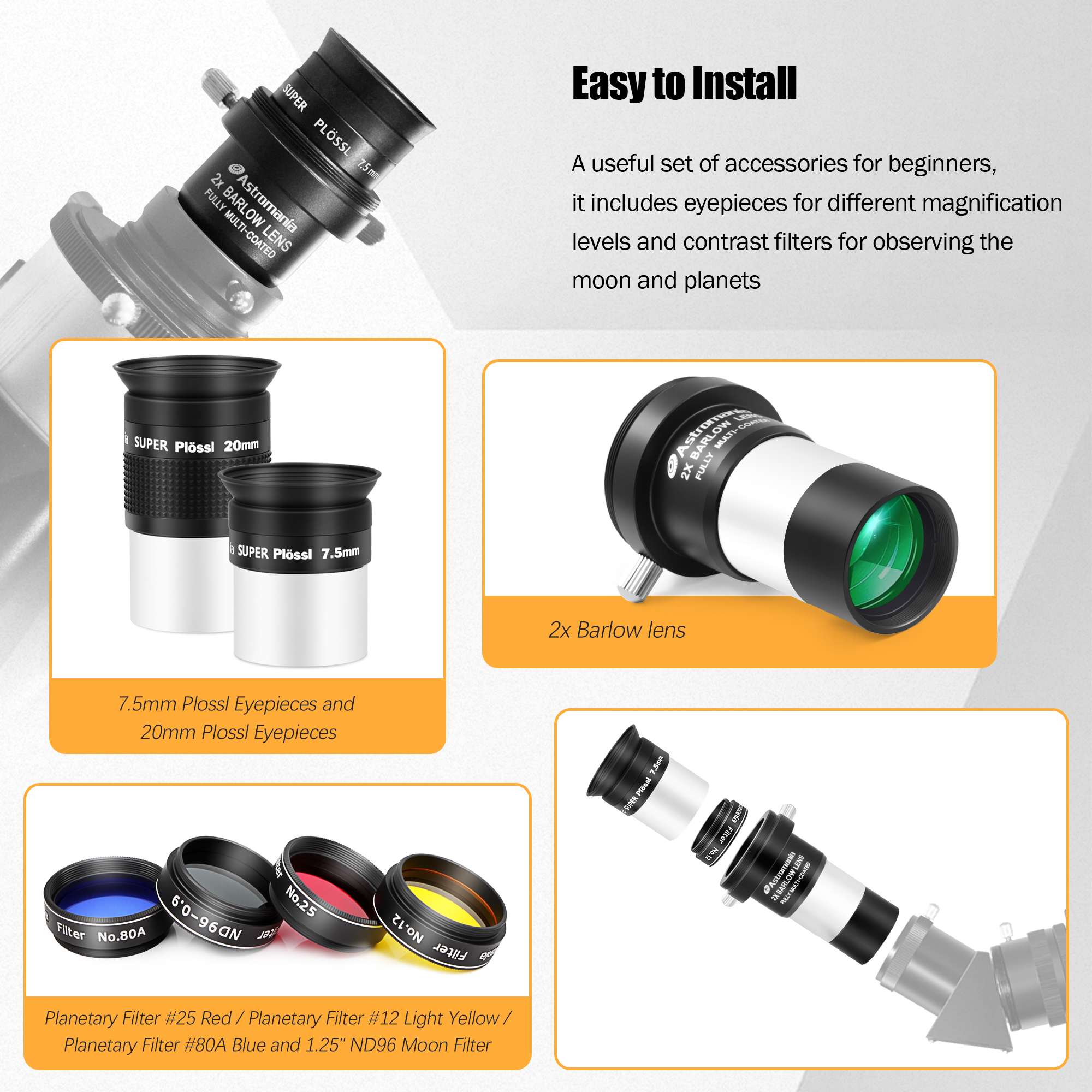 Astromania 1.25" Telescope Eyepiece & Filter Astronomical Kit with 2pcs Plossl Eyepieces, 3pcs Planetary Filters, Moon Filter and 2X Barlow Lens - A Useful Set of Accessories for Newcomer to Astronomy