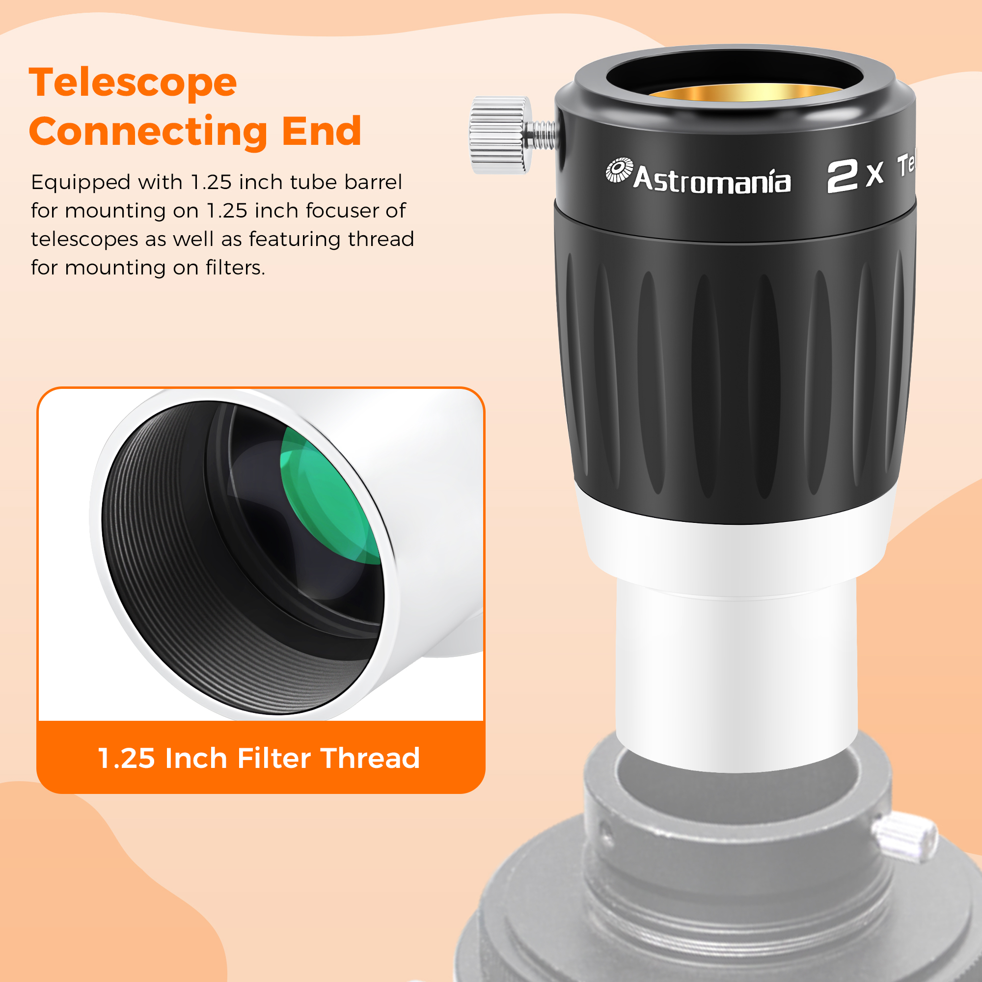 Astromania Barlow Lens 2X 1.25 Inch - 3-Elements Multi-Coated Metal TeleXtender for Telescope - Premium Apochromatic Design Telescope Accessories for Astronomical Photography