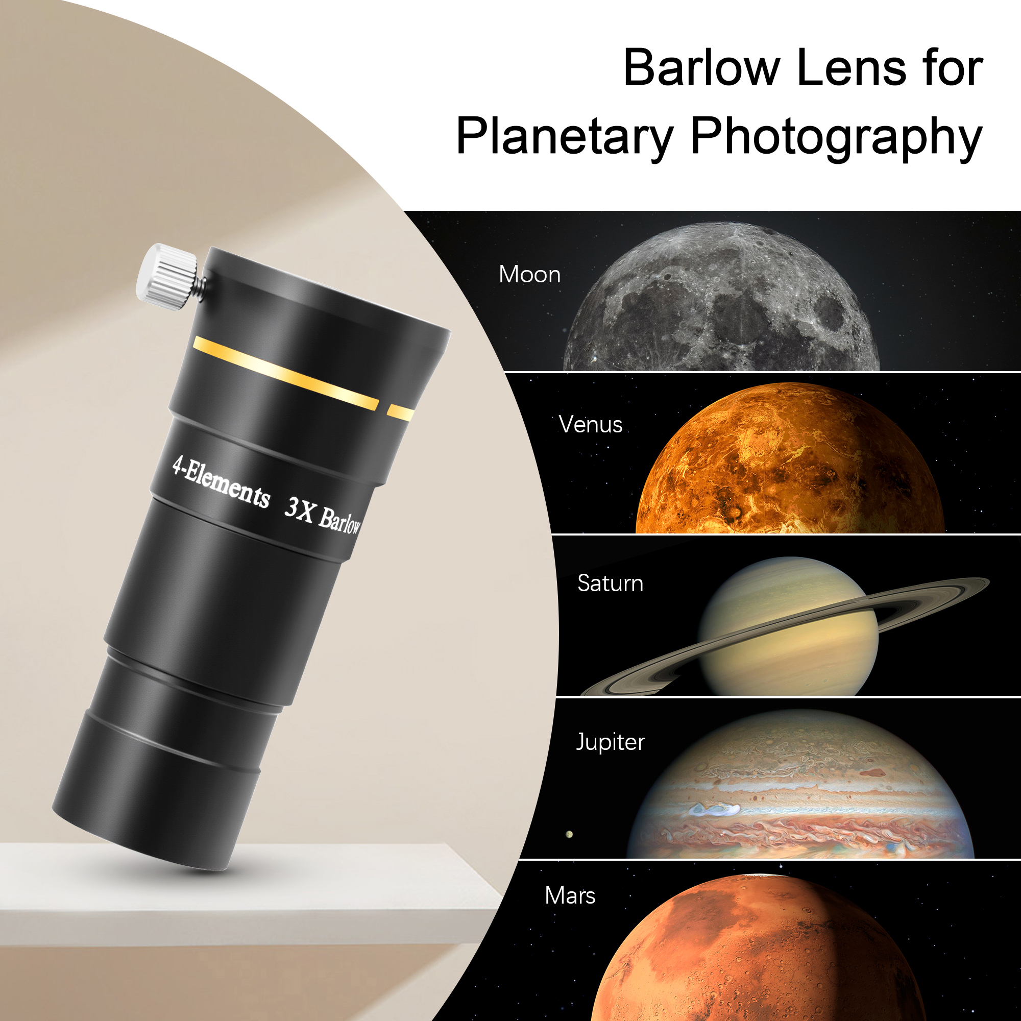 Astromania Telescope Barlow Lens 3x with 4-Elements Multi Coated Lens - 1.25 Inch Fully Metal Telescope Accessory for Astronomy & Astrophotography